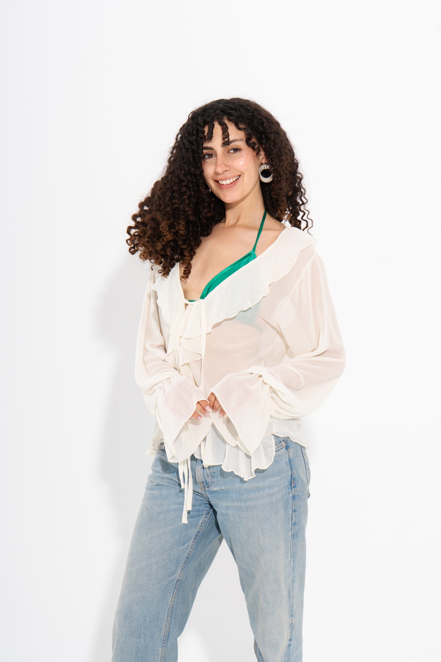 Ruffle Tie-Front Top - Off White