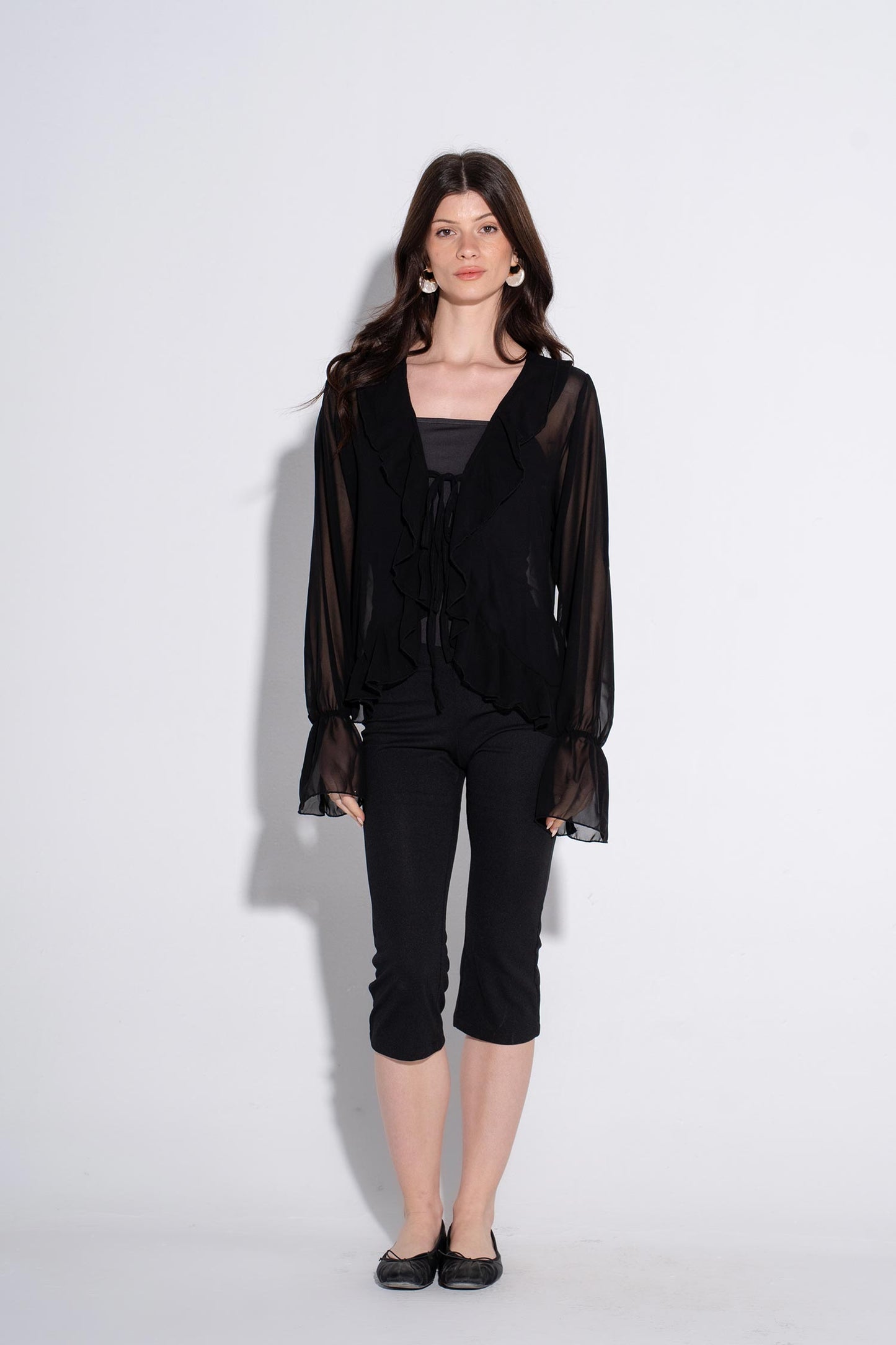 Ruffle Tie-Front Top - Black