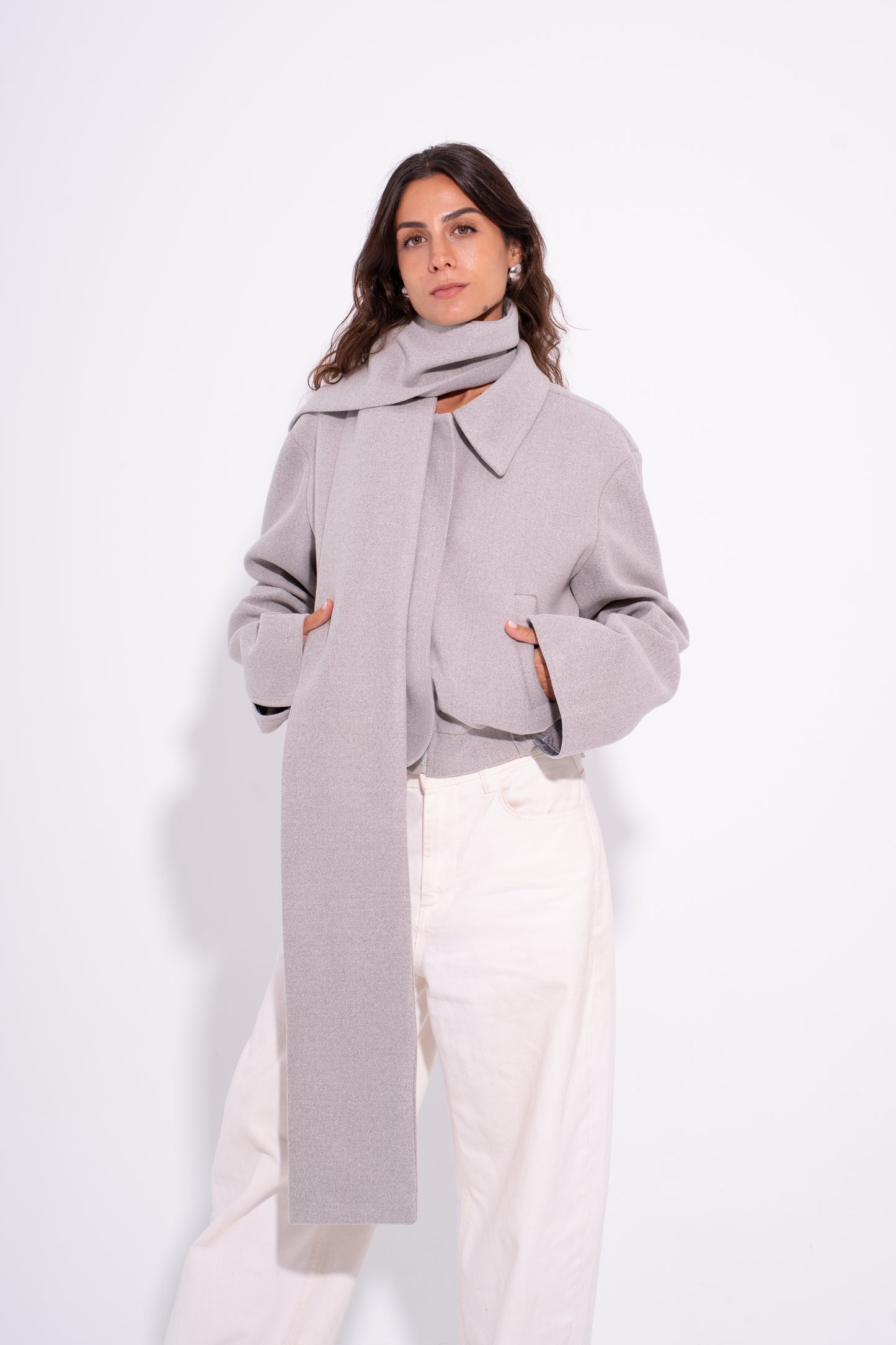 Bomber Wool Jacket with Scarf - Grey