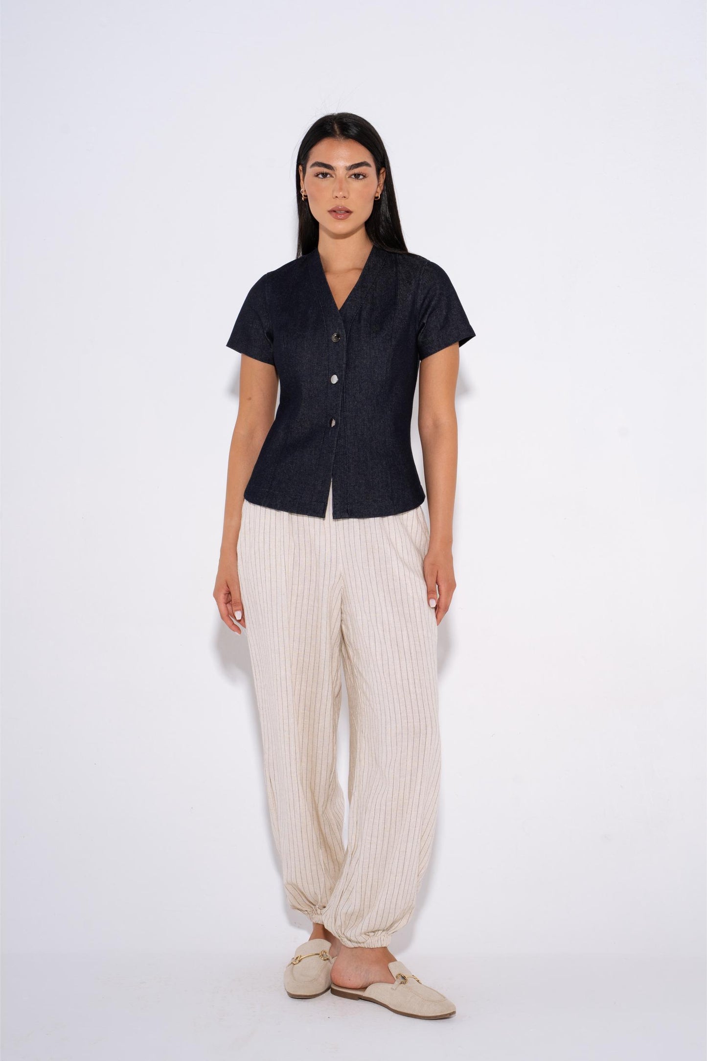 Cap Sleeve Tailored Shirt - Navy