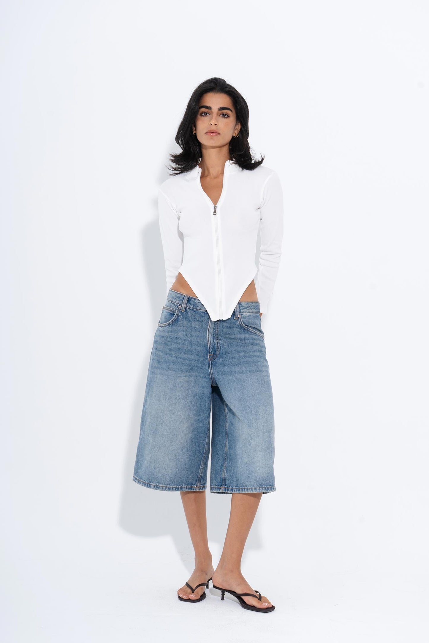 Zip-Up Long Sleeve Top - White