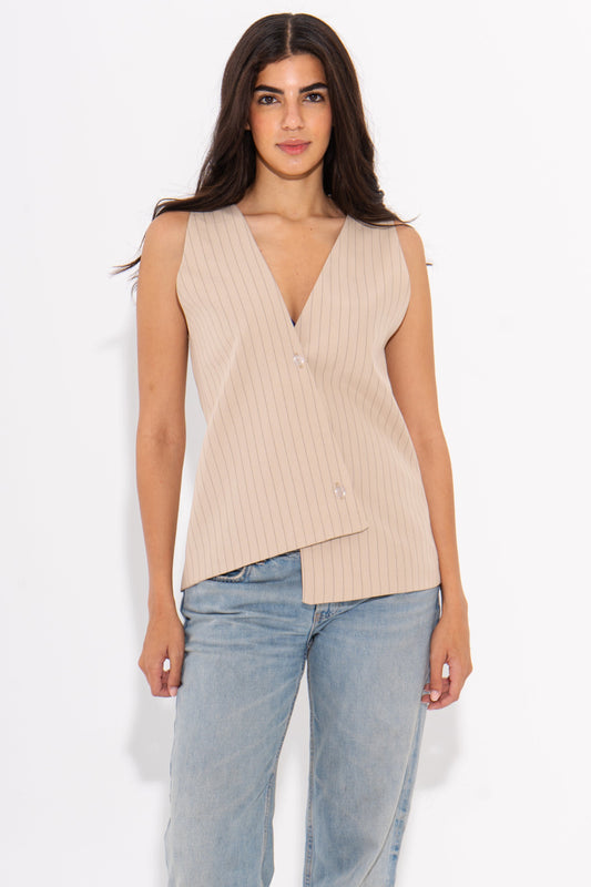 Asymmetrical Wrap Buttoned Vest - Beige