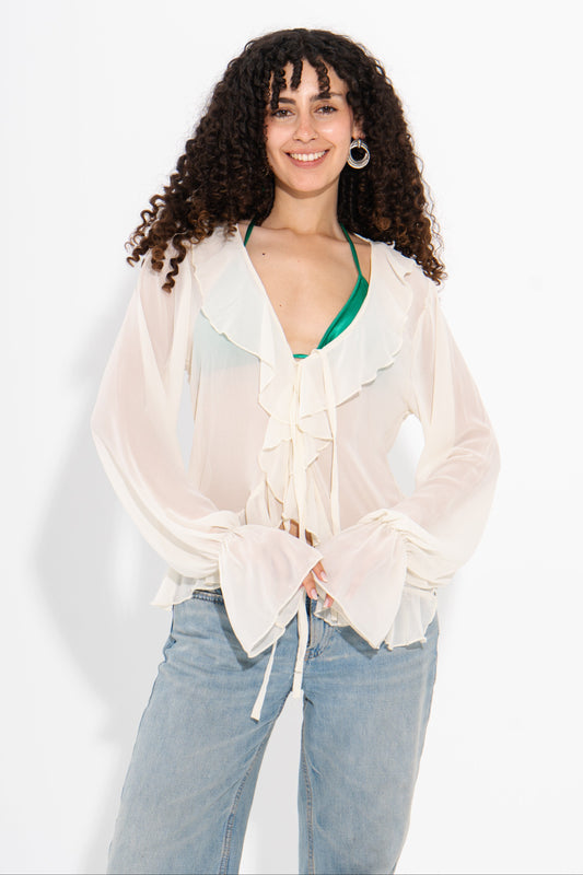 Ruffle Tie-Front Top - Off White