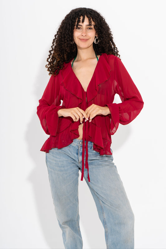 Ruffle Tie-Front Top - Burgundy
