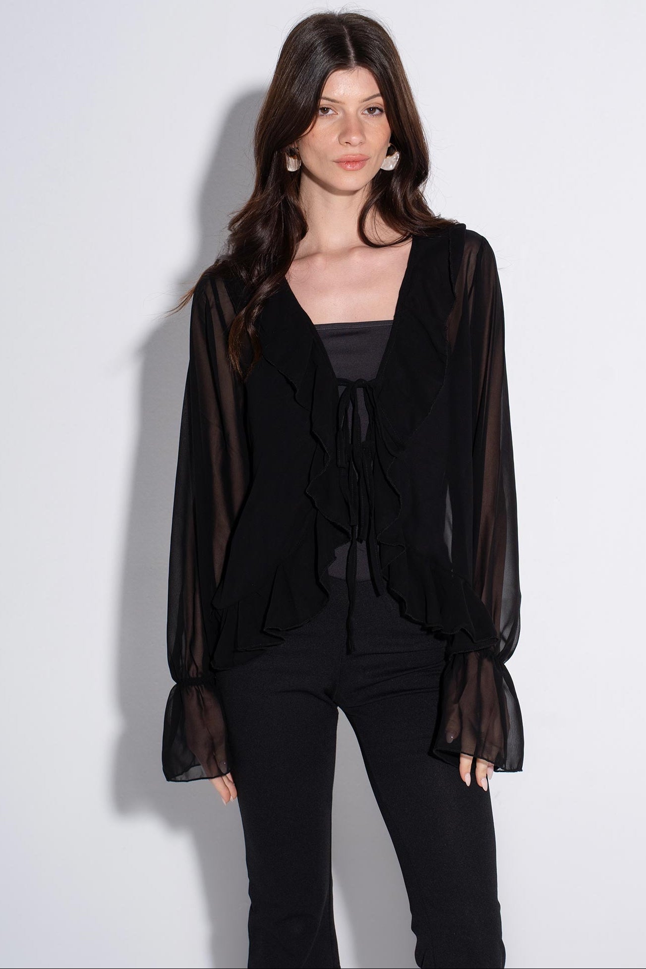 Ruffle Tie-Front Top - Black