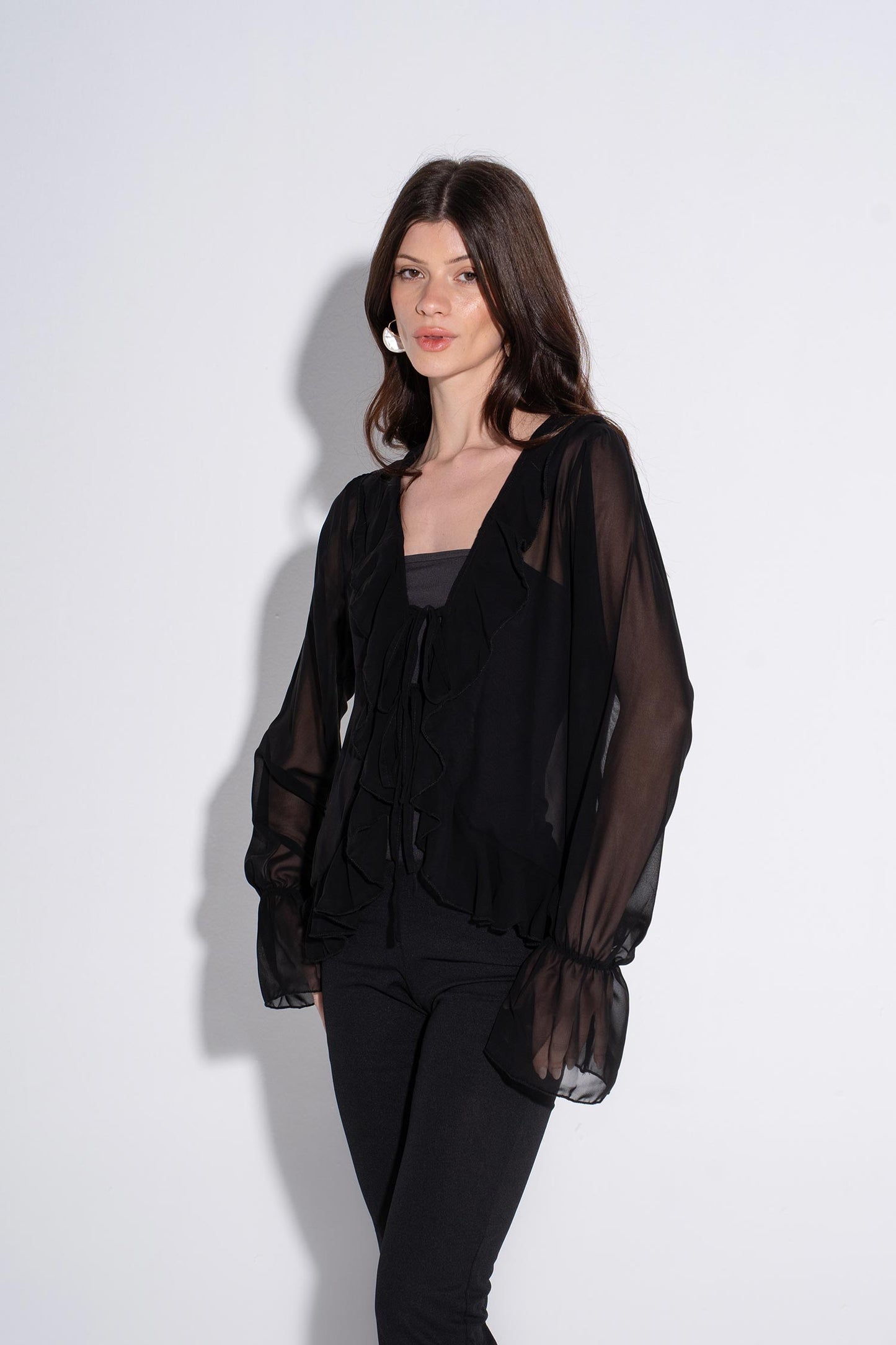 Ruffle Tie-Front Top - Black