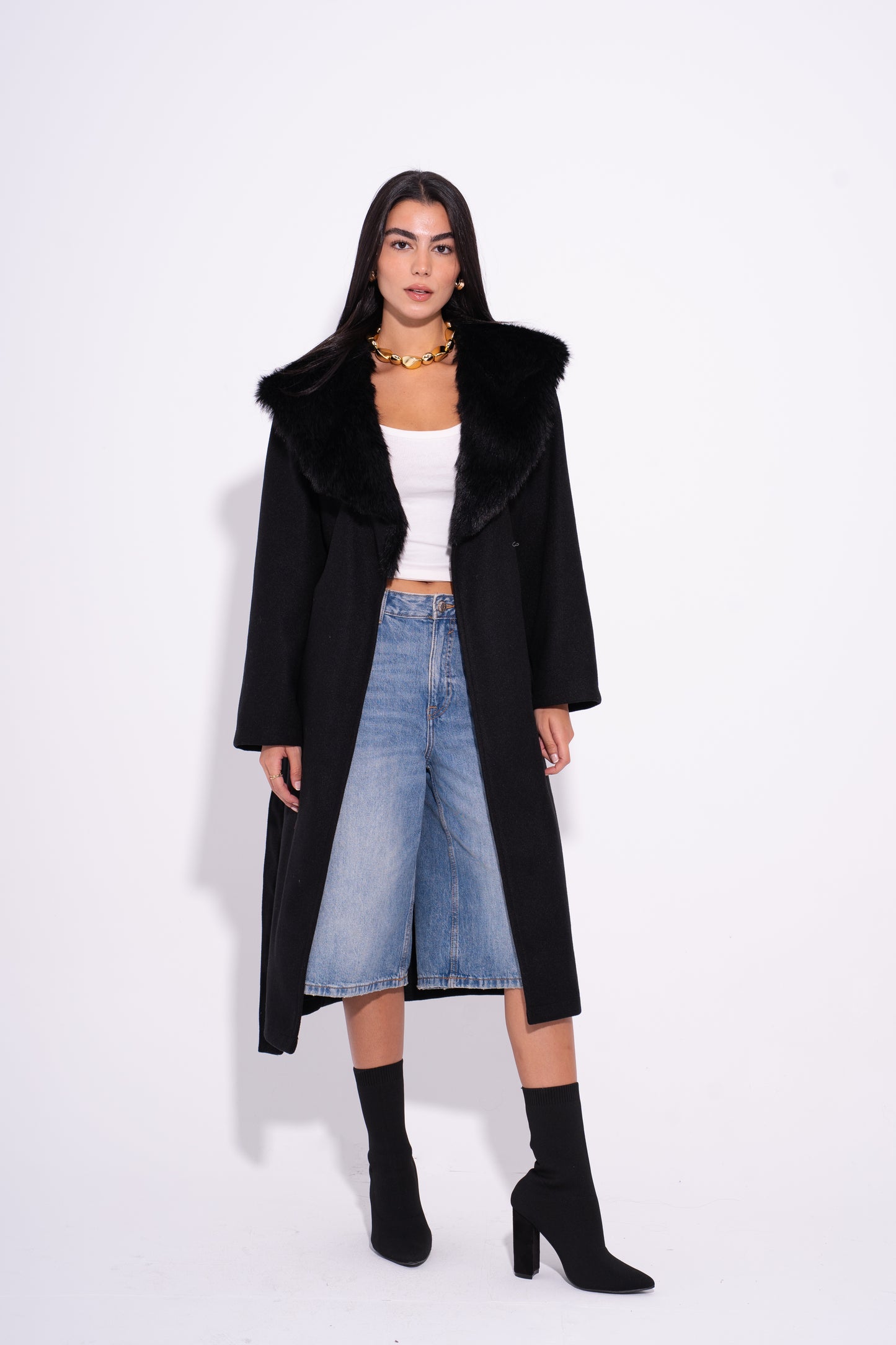 GlamFur Wool Coat - Black