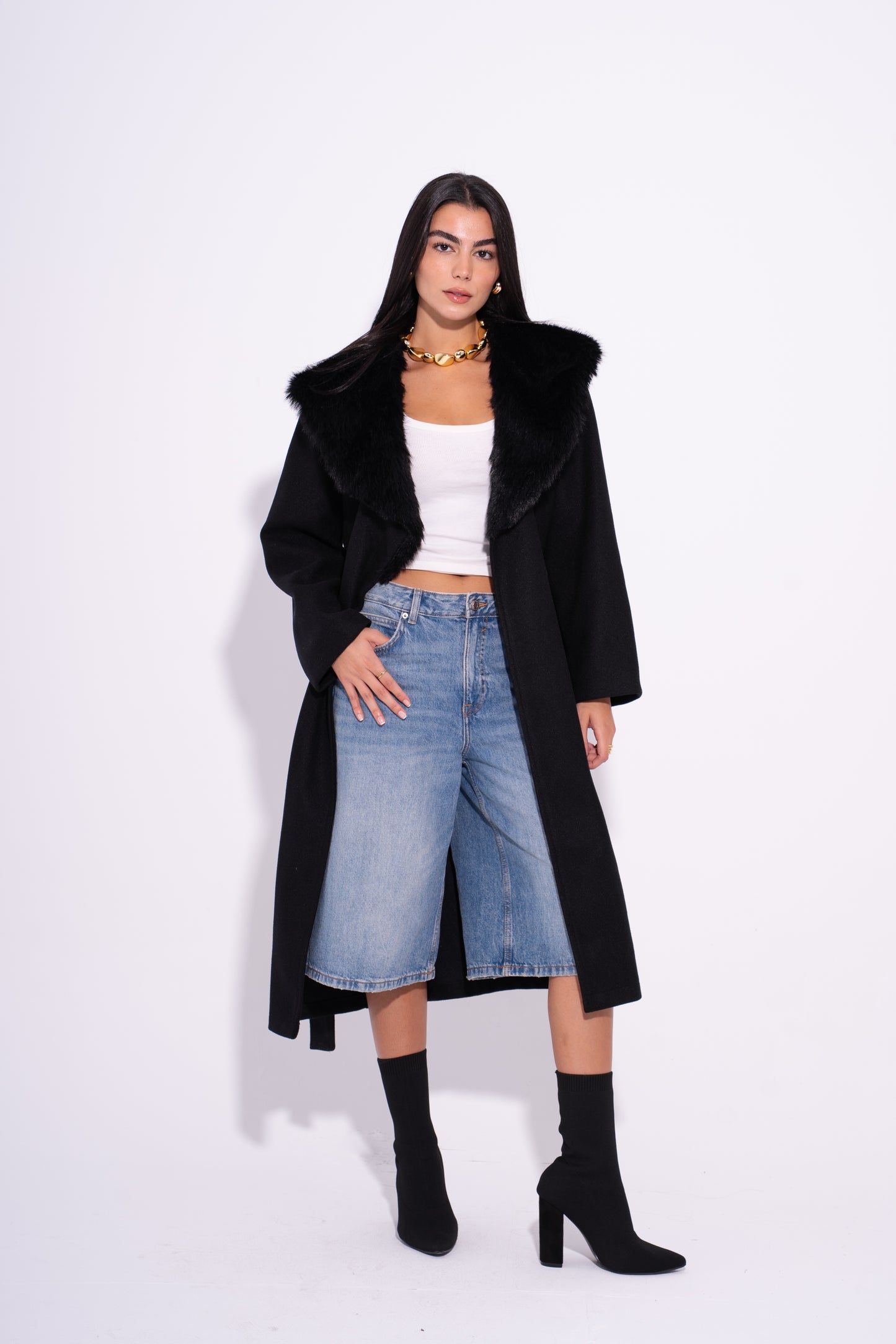 GlamFur Wool Coat - Black
