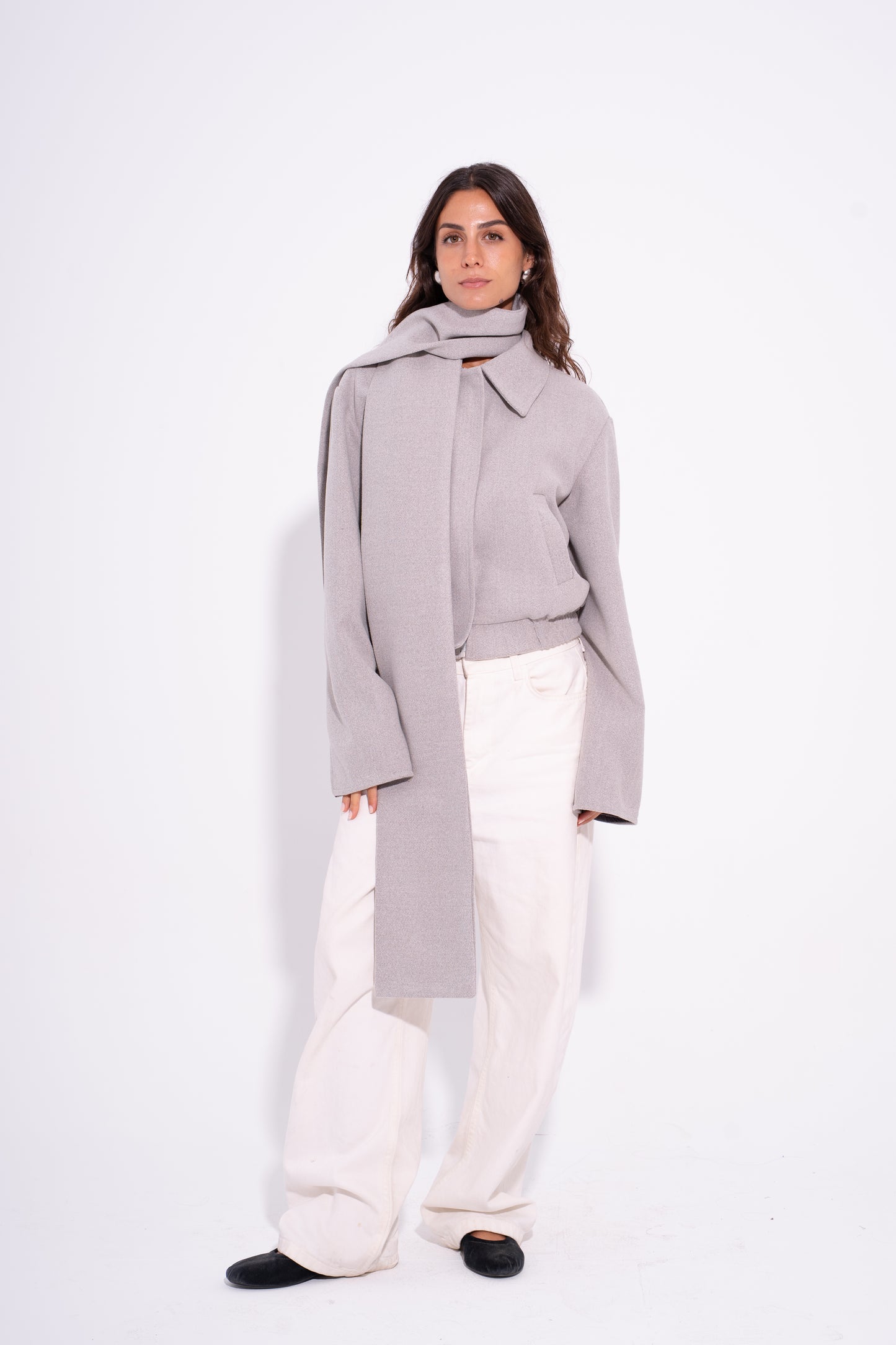 Bomber Wool Jacket with Scarf - Grey
