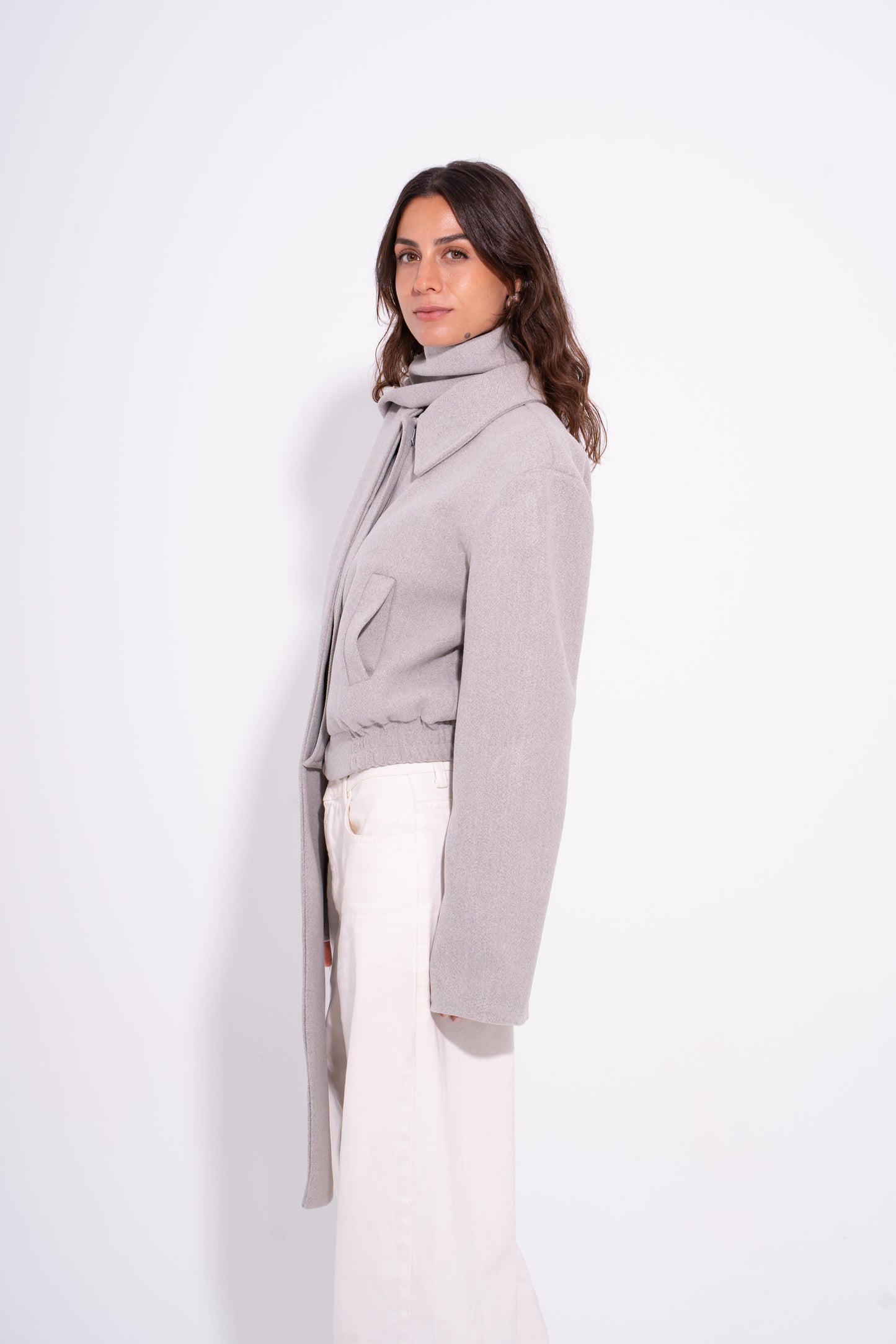 Bomber Wool Jacket with Scarf - Grey