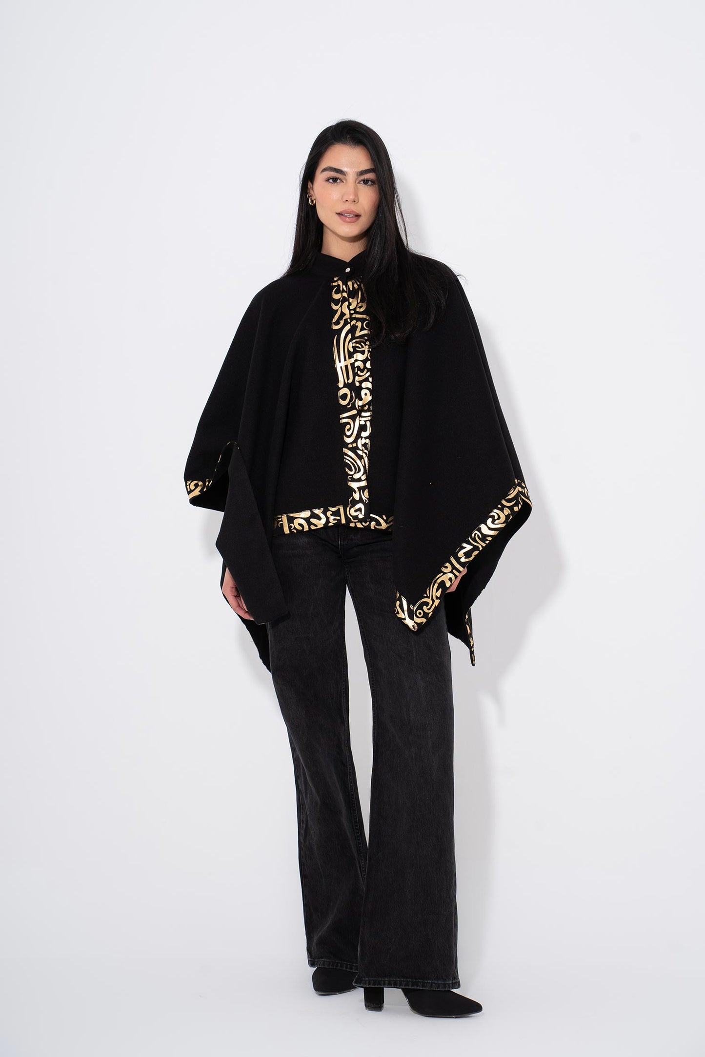 Gokh poncho with Arabic Trim - Black