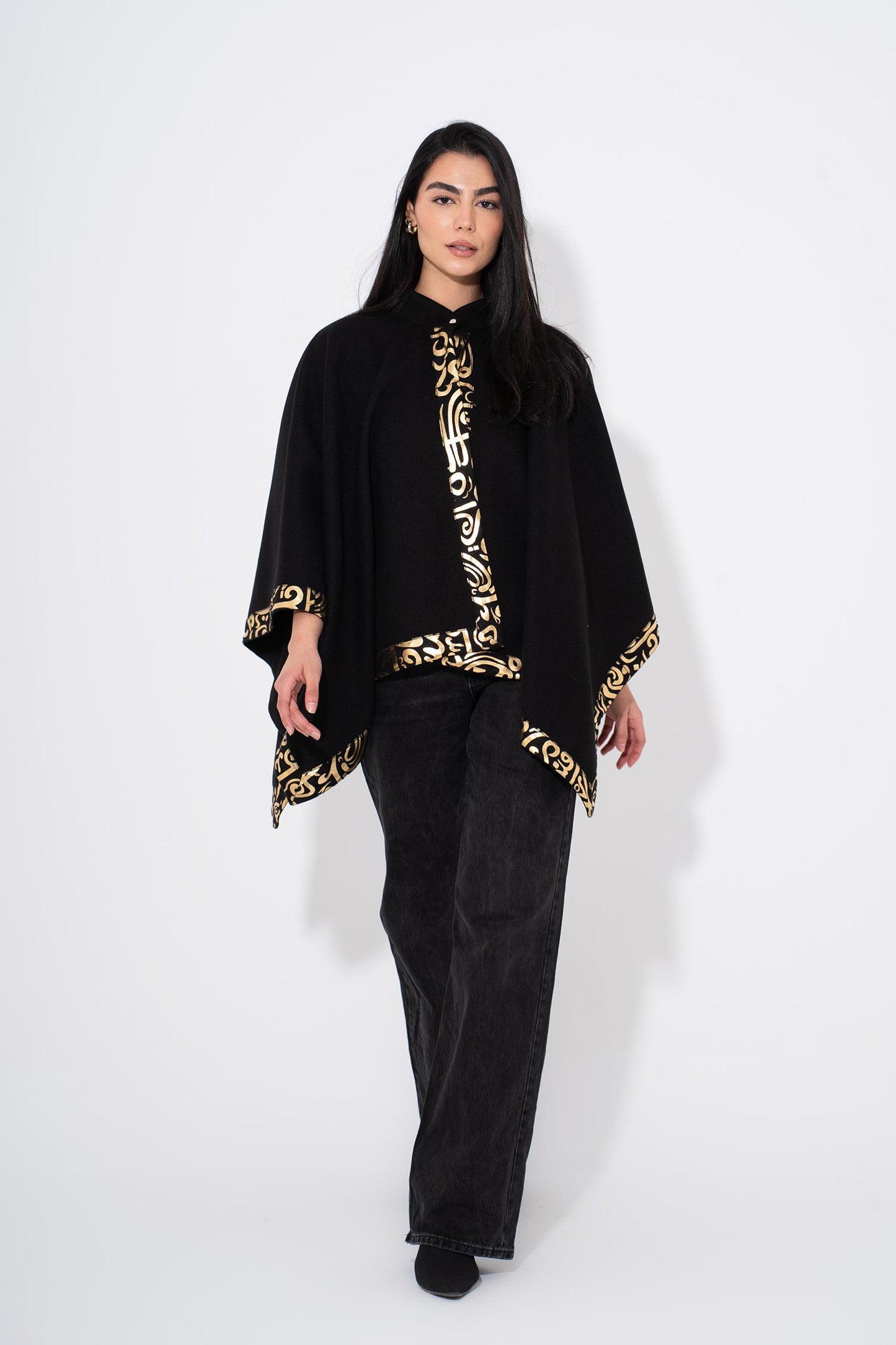 Gokh poncho with Arabic Trim - Black