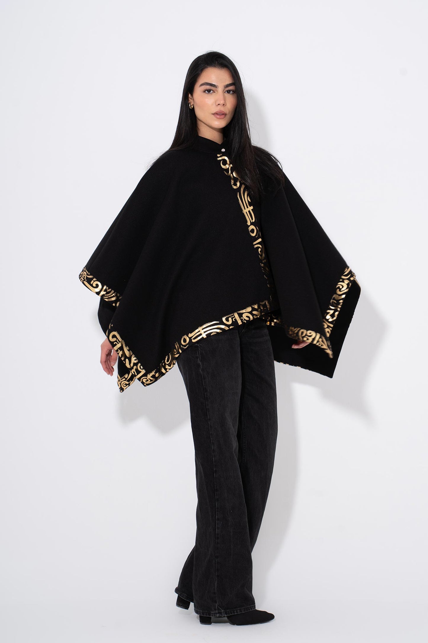 Gokh poncho with Arabic Trim - Black