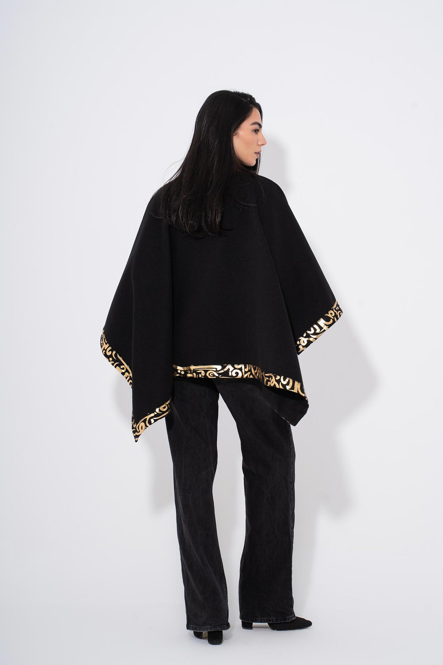 Gokh poncho with Arabic Trim - Black