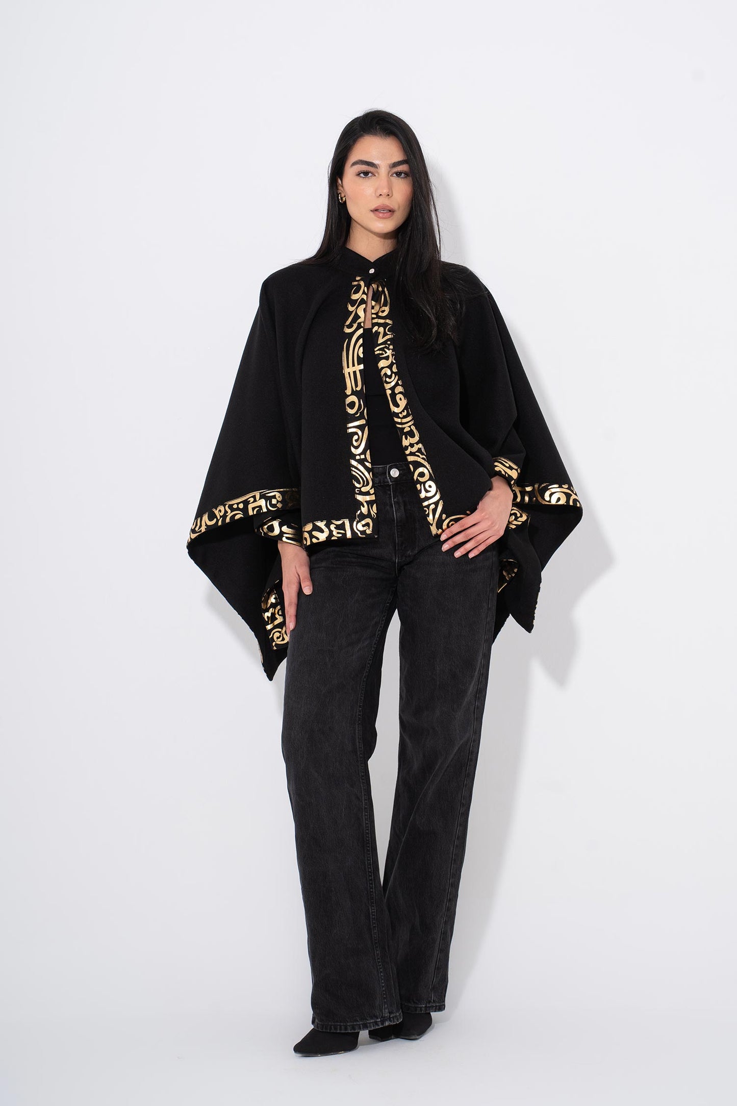 Gokh poncho with Arabic Trim - Black