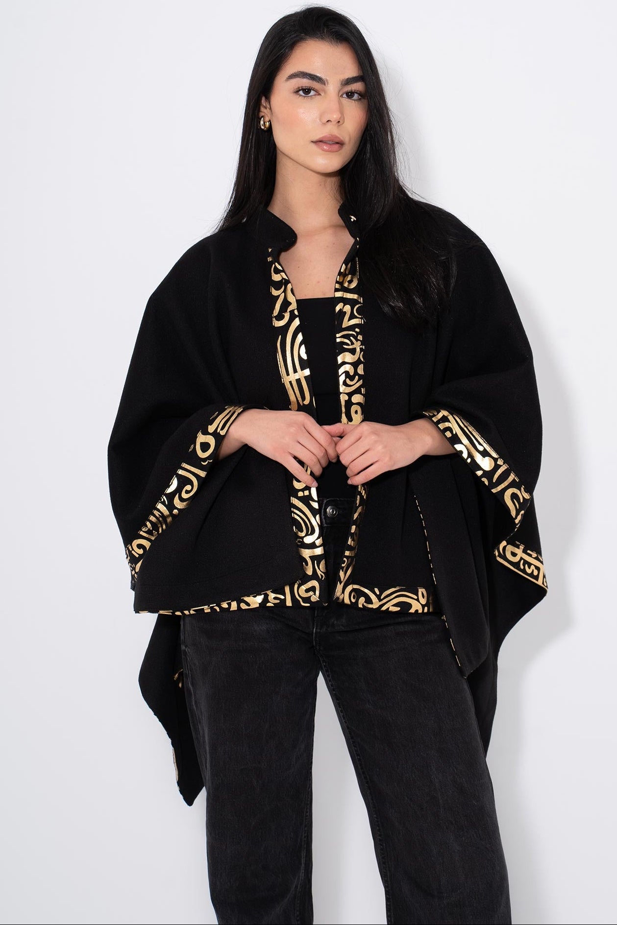 Gokh poncho with Arabic Trim - Black