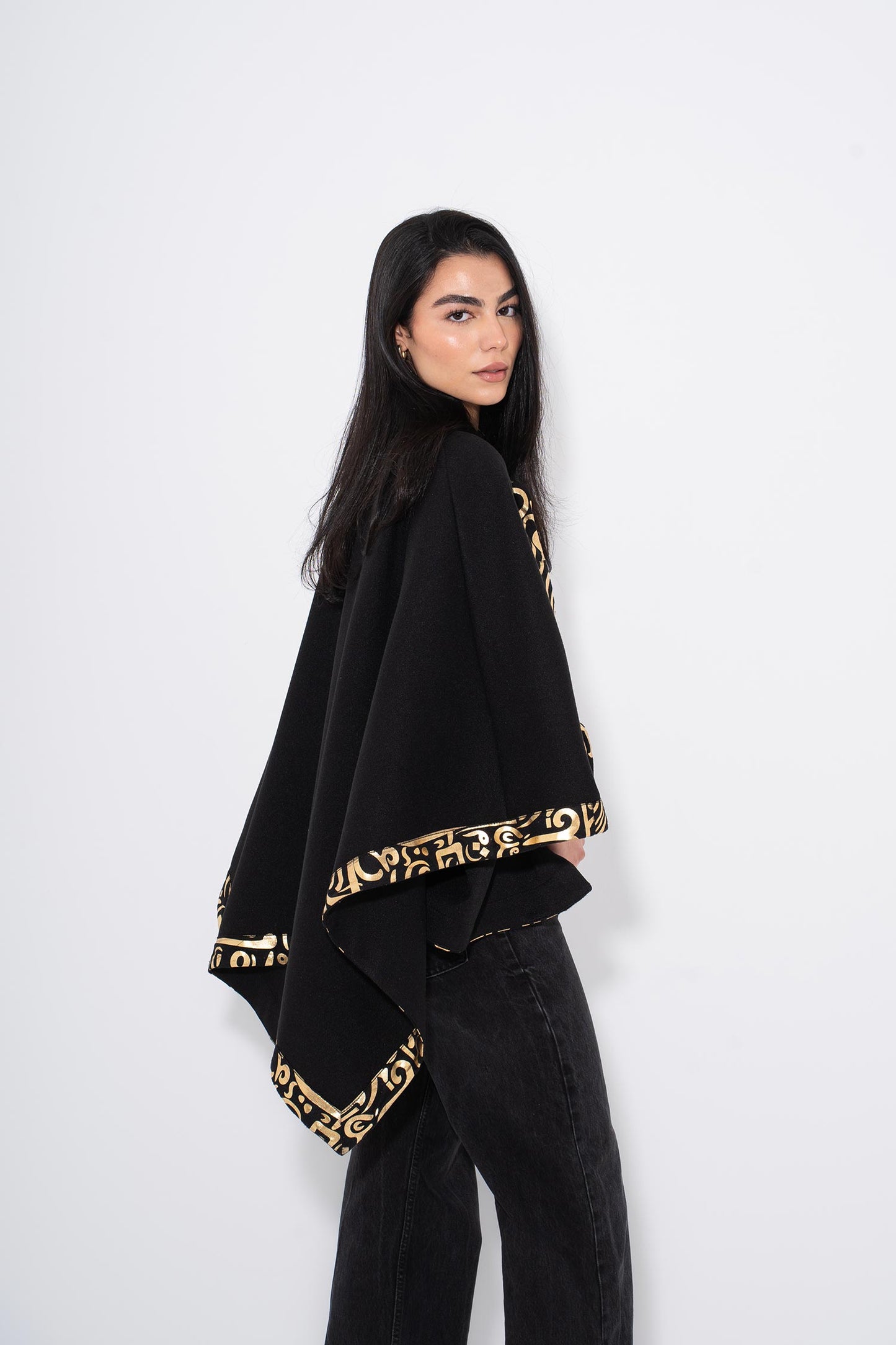 Gokh poncho with Arabic Trim - Black