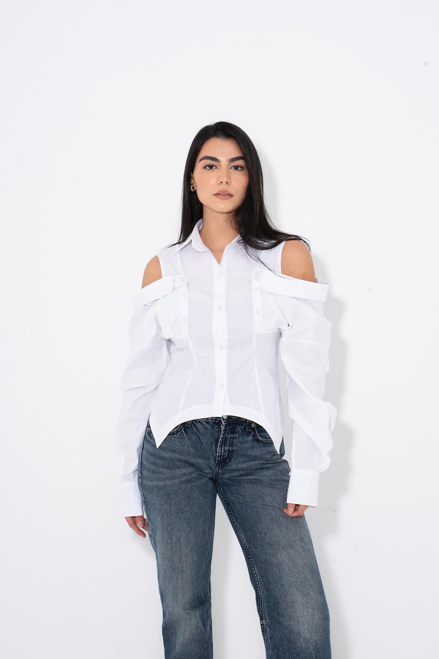 Cut-Out Shoulder Shirt -White