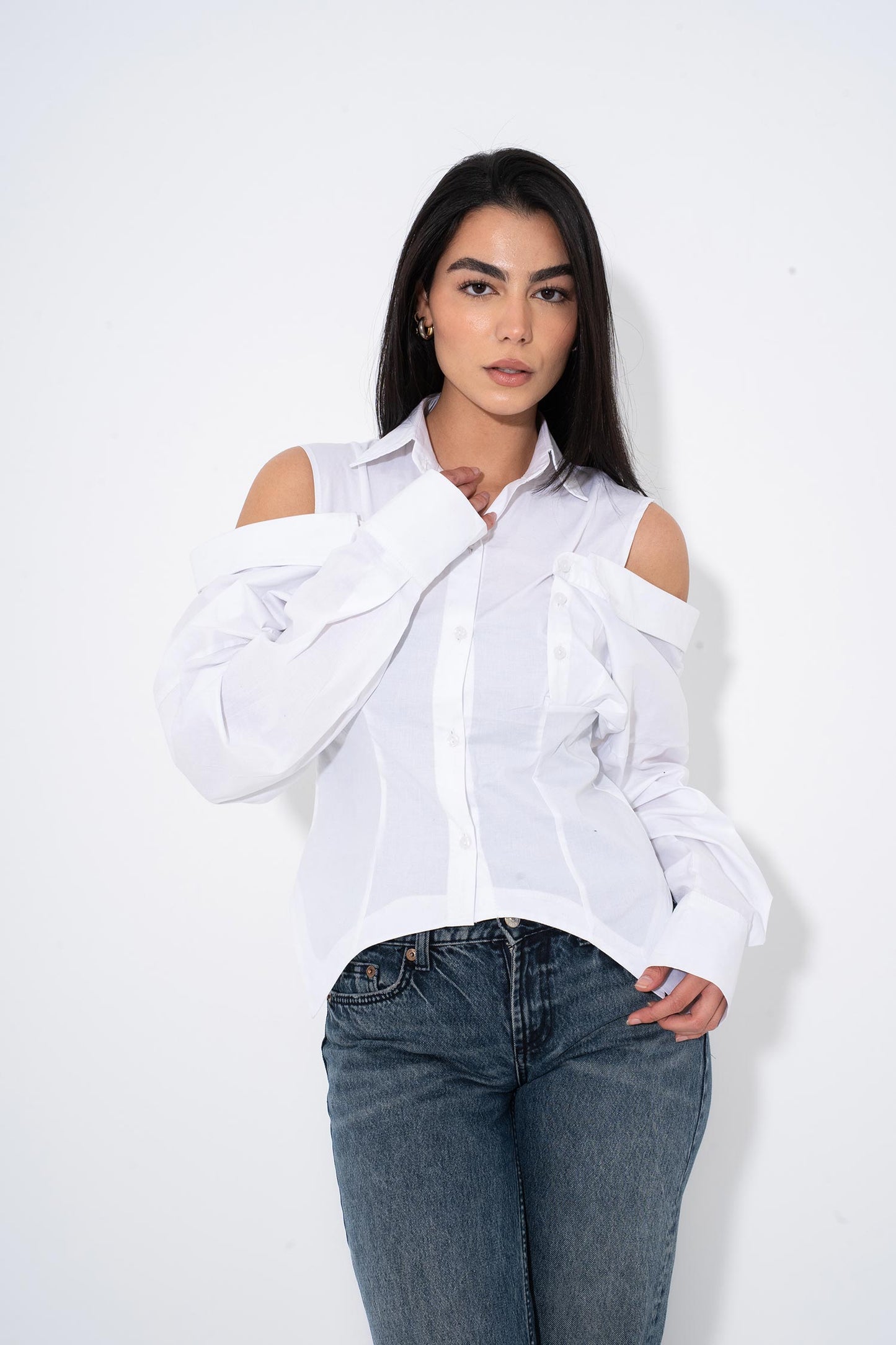 Cut-Out Shoulder Shirt -White