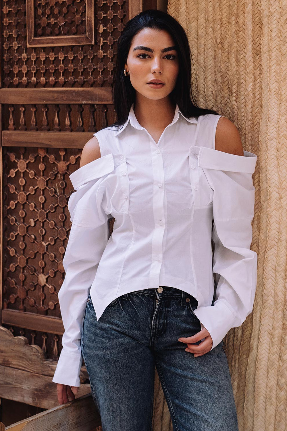 Cut-Out Shoulder Shirt -White