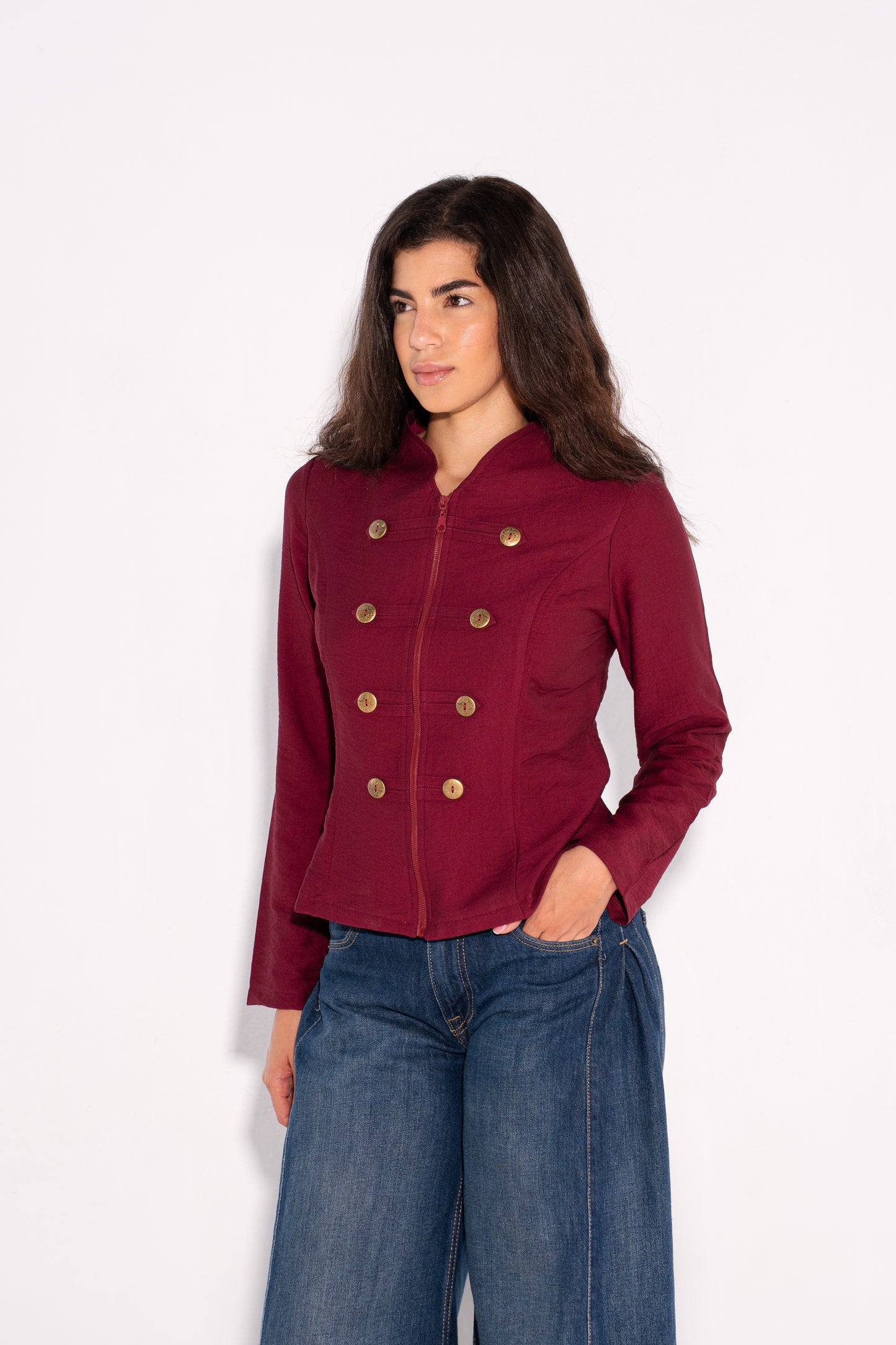 Double Breasted Long Sleeves Vest  - Burgundy