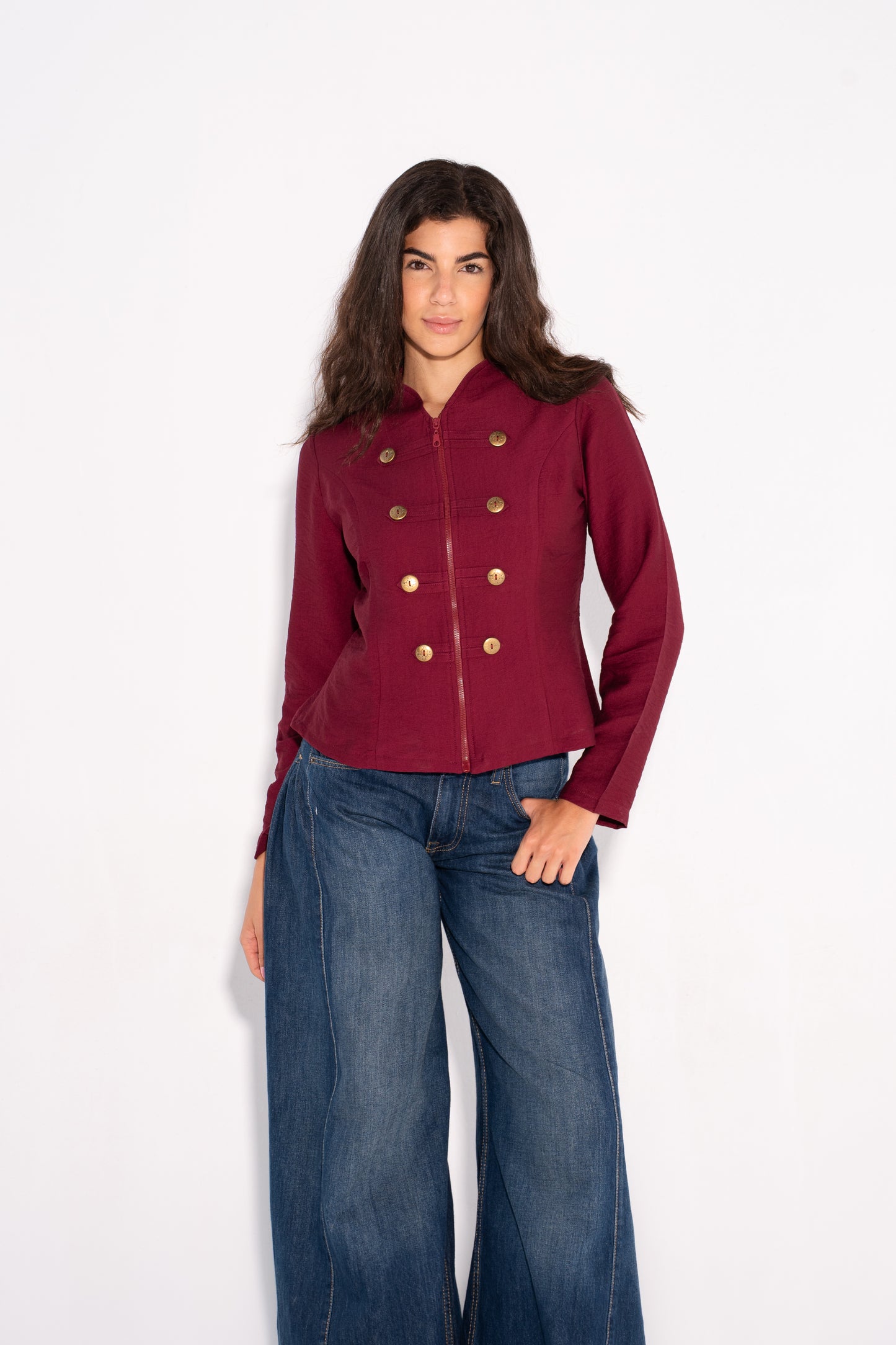 Double Breasted Long Sleeves Vest  - Burgundy