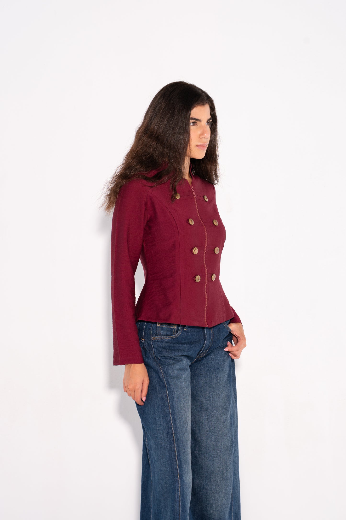Double Breasted Long Sleeves Vest  - Burgundy