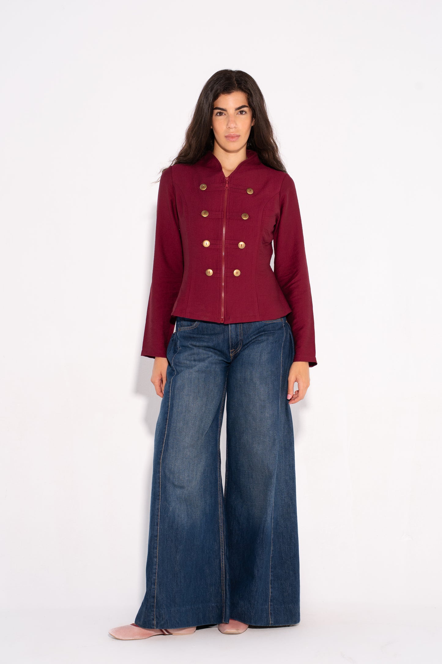 Double Breasted Long Sleeves Vest  - Burgundy