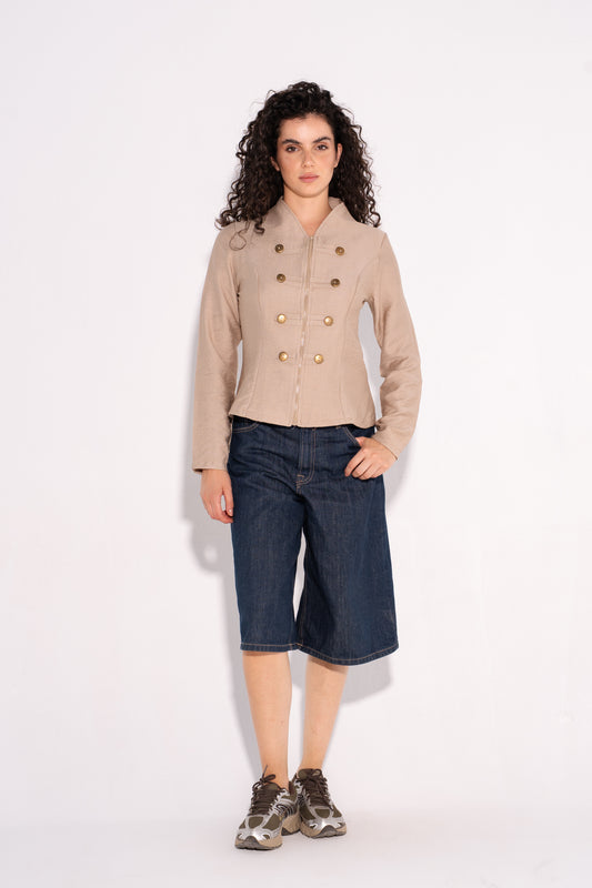 Double Breasted Long Sleeves Vest  - Beige