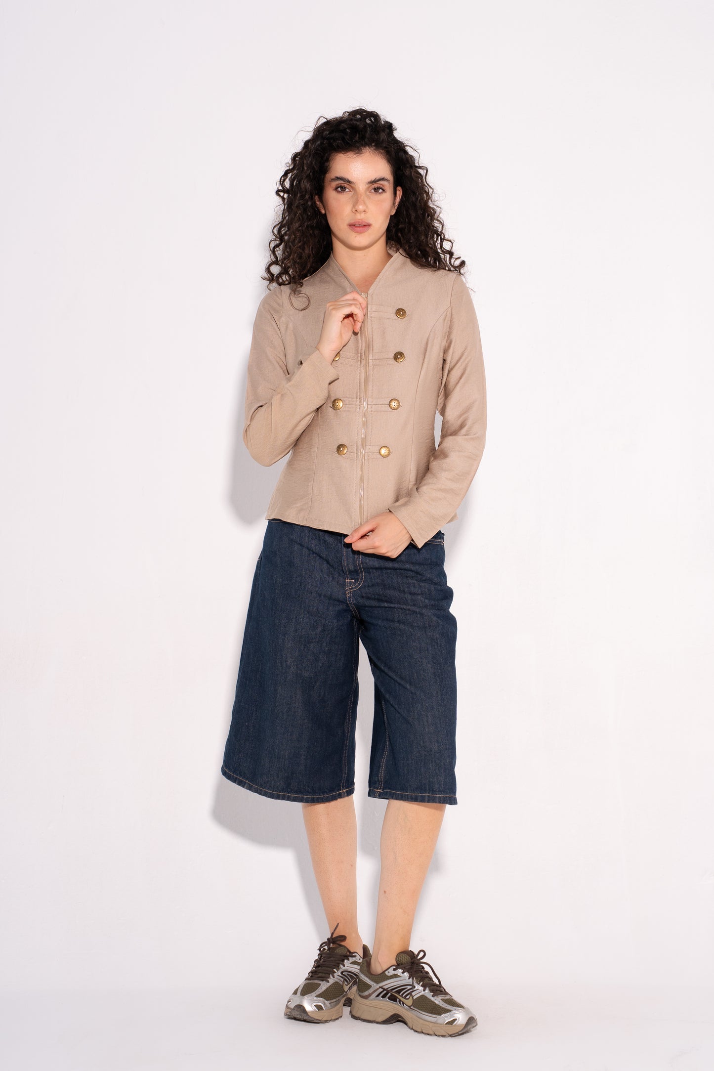 Double Breasted Long Sleeves Vest  - Beige