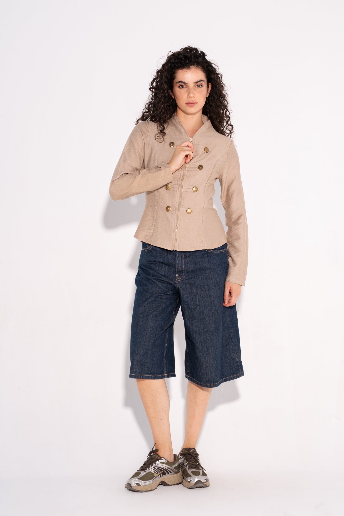 Double Breasted Long Sleeves Vest  - Beige