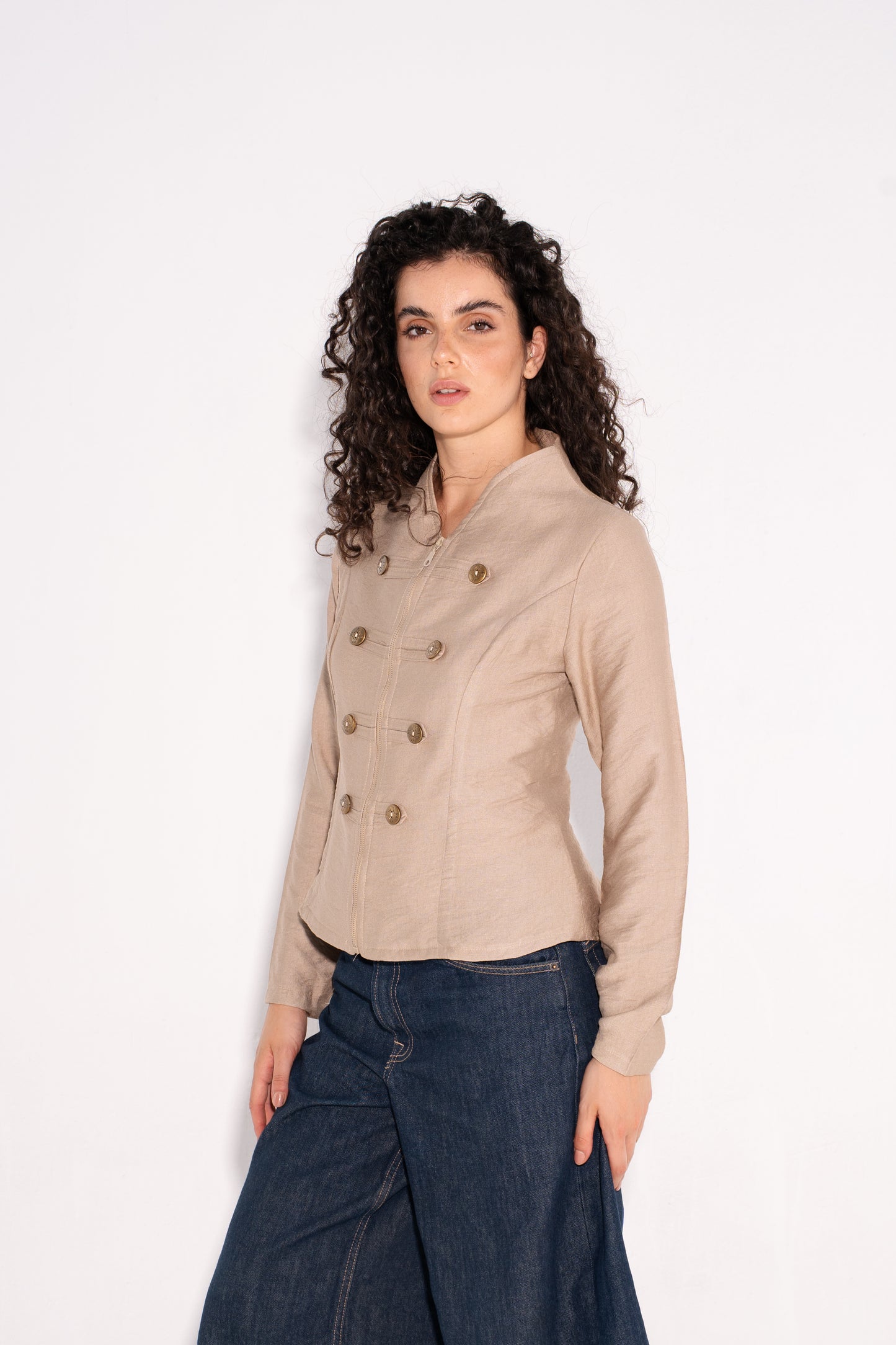 Double Breasted Long Sleeves Vest  - Beige