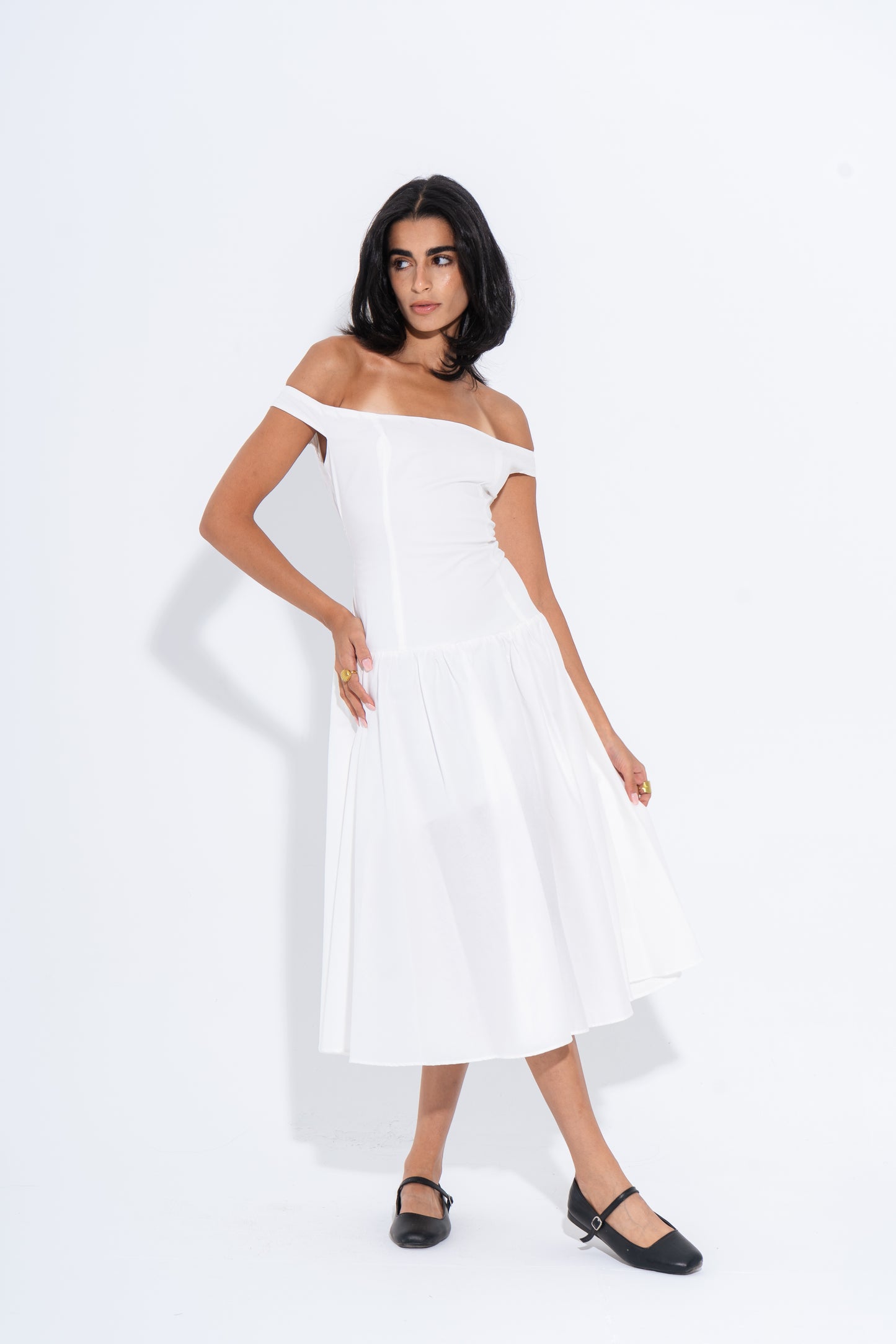 Off-Shoulder Midi Dress - White