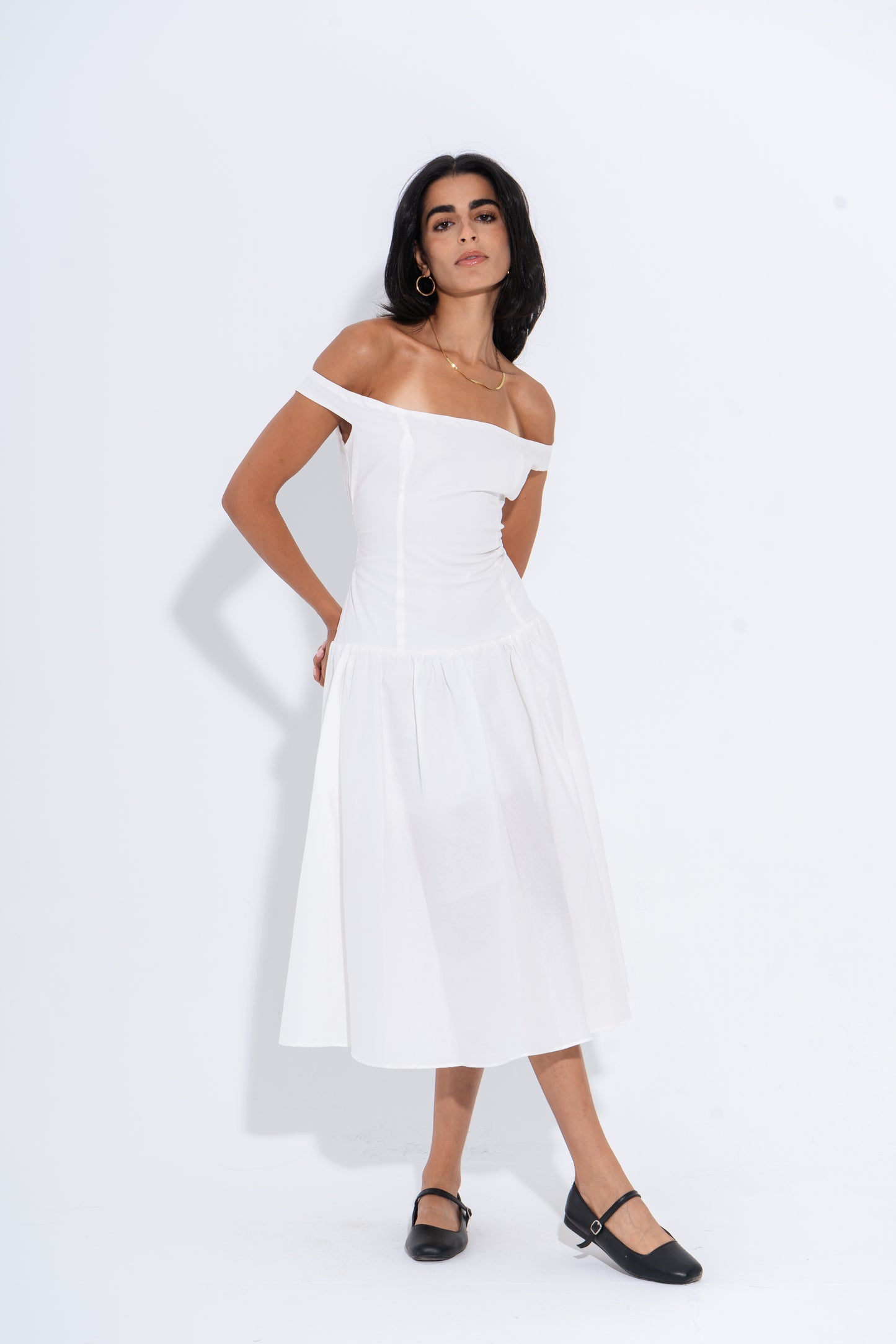 Off-Shoulder Midi Dress - White