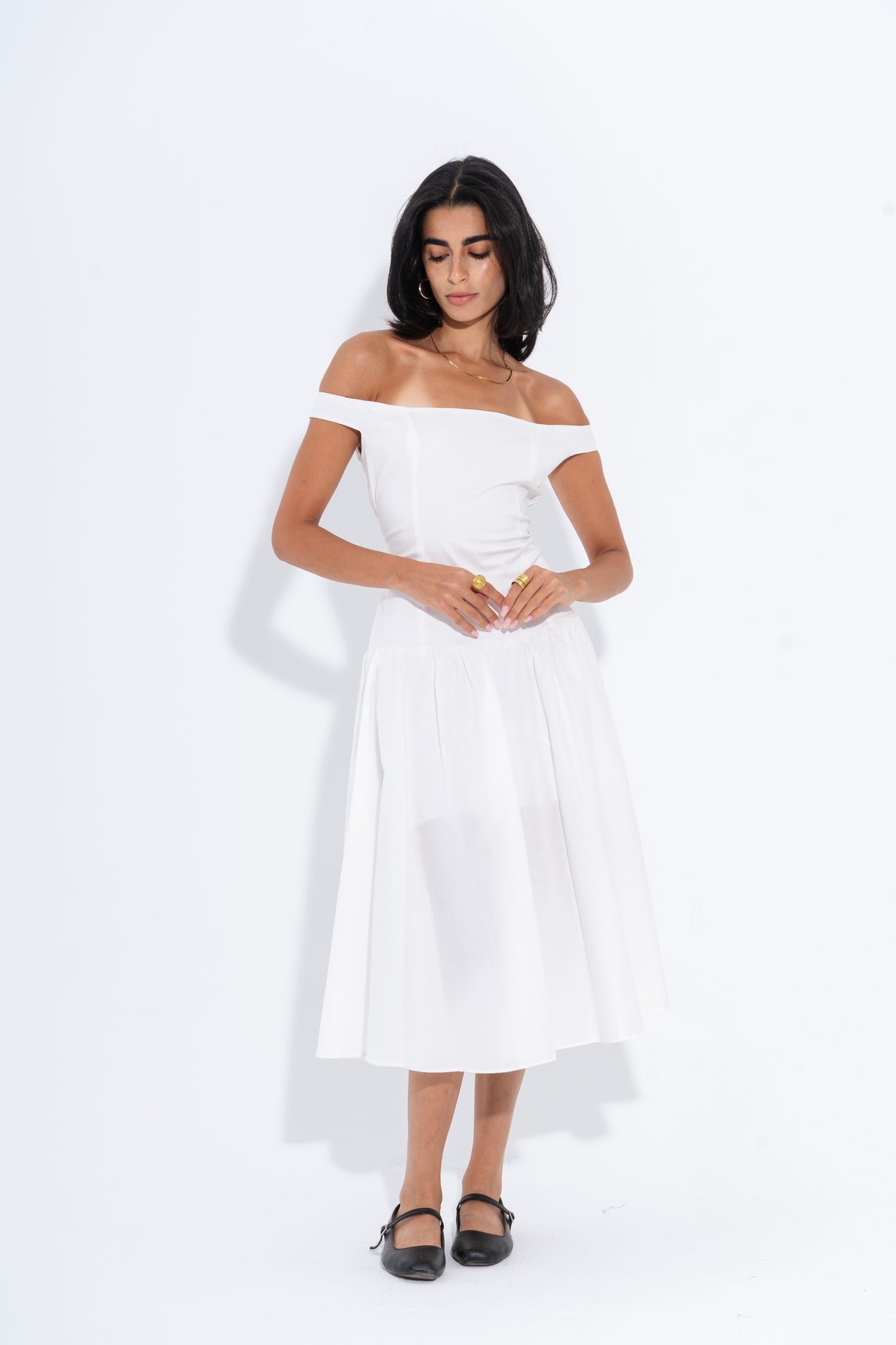 Off-Shoulder Midi Dress - White