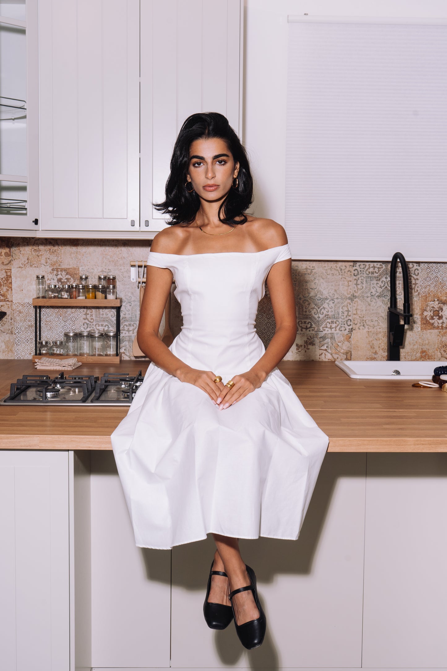 Off-Shoulder Midi Dress - White