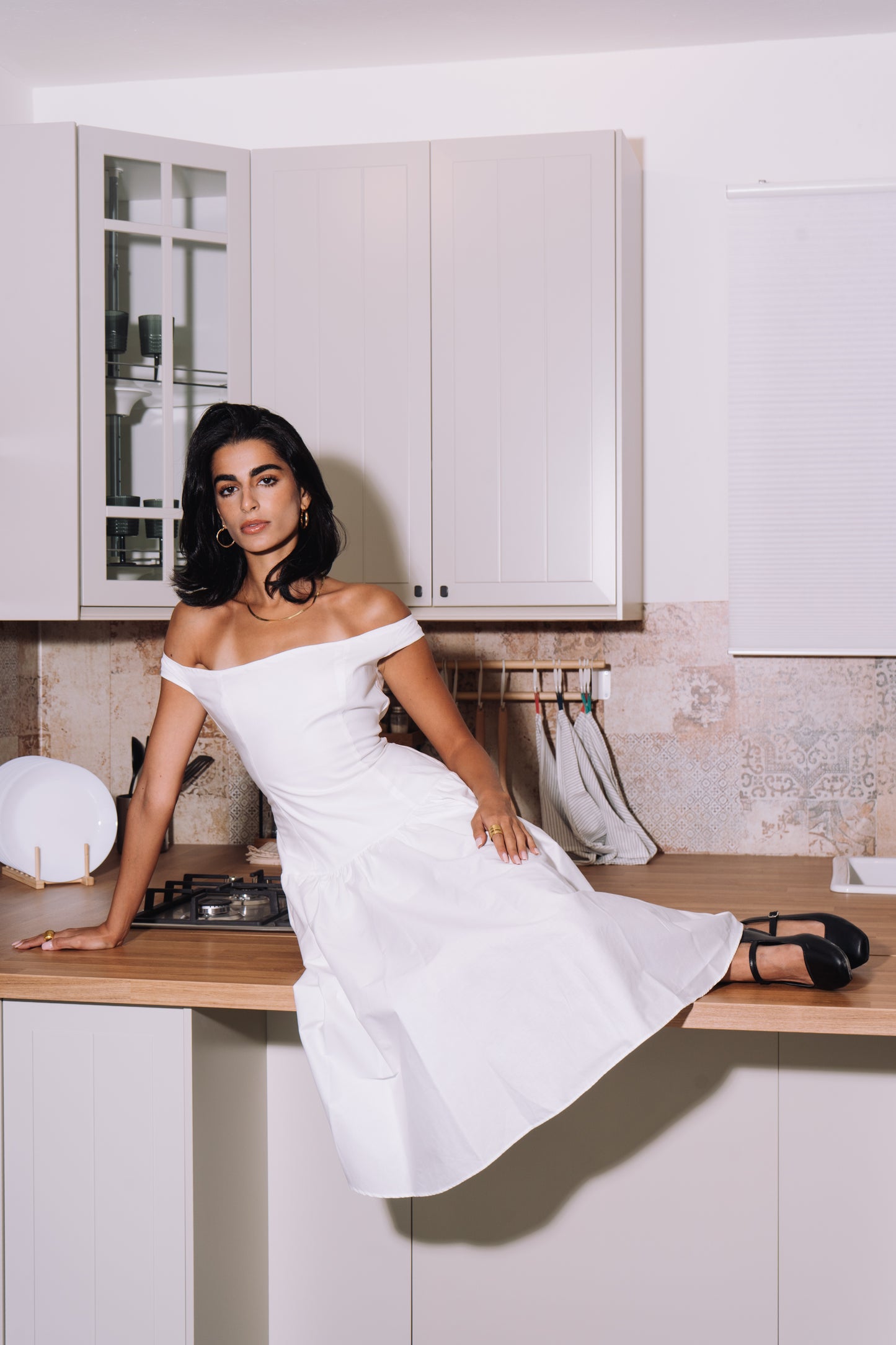 Off-Shoulder Midi Dress - White