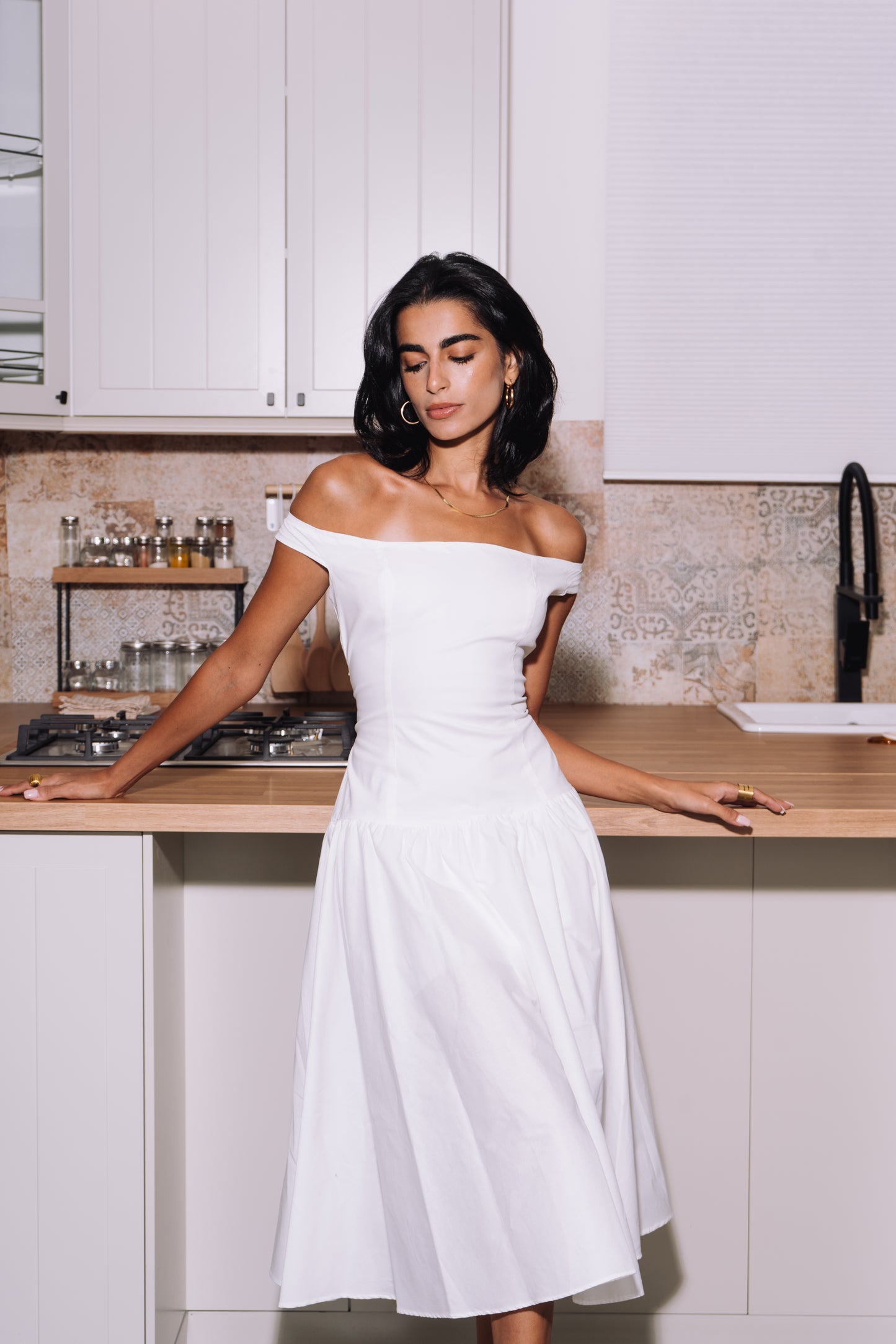 Off-Shoulder Midi Dress - White