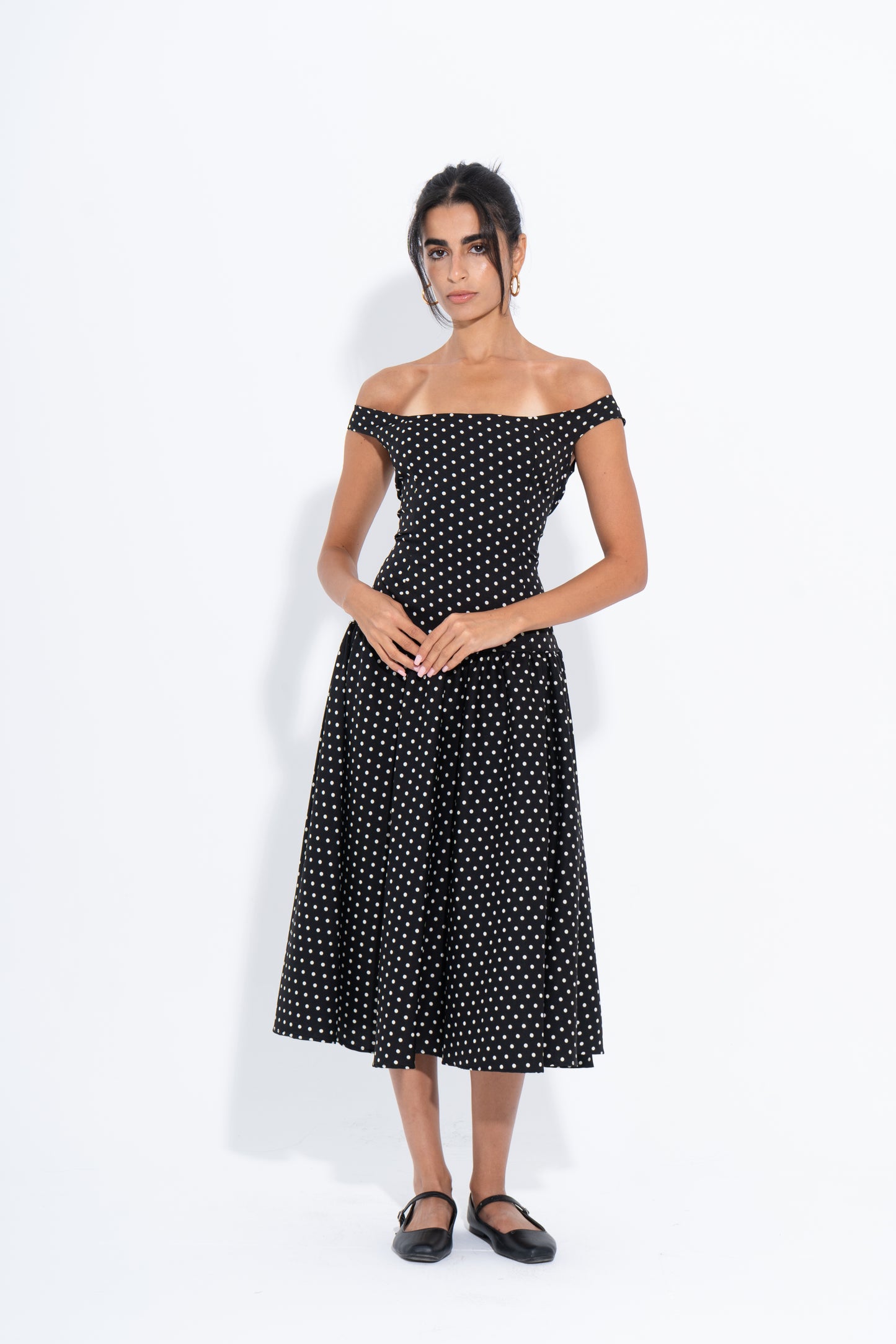Polka Dot Off-Shoulder Dress - Black