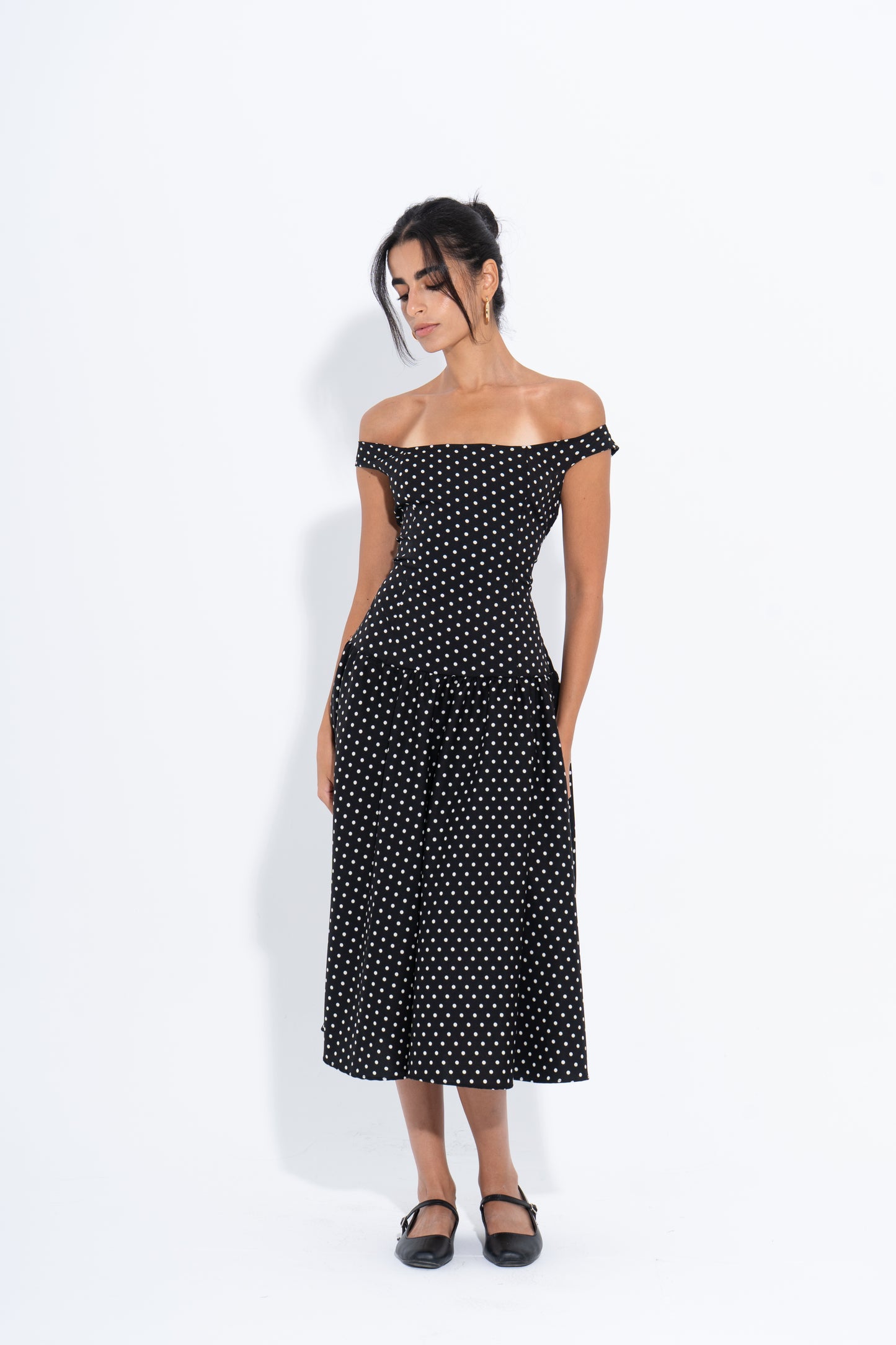 Polka Dot Off-Shoulder Dress - Black