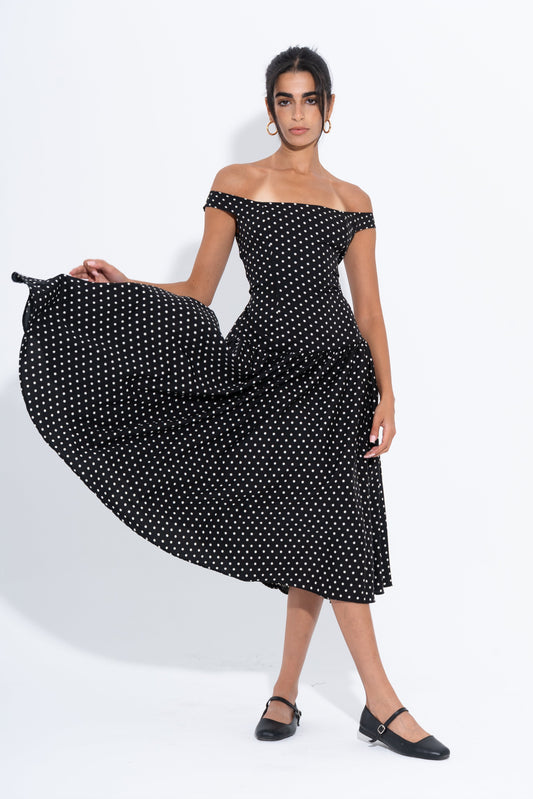 Polka Dot Off-Shoulder Dress - Black