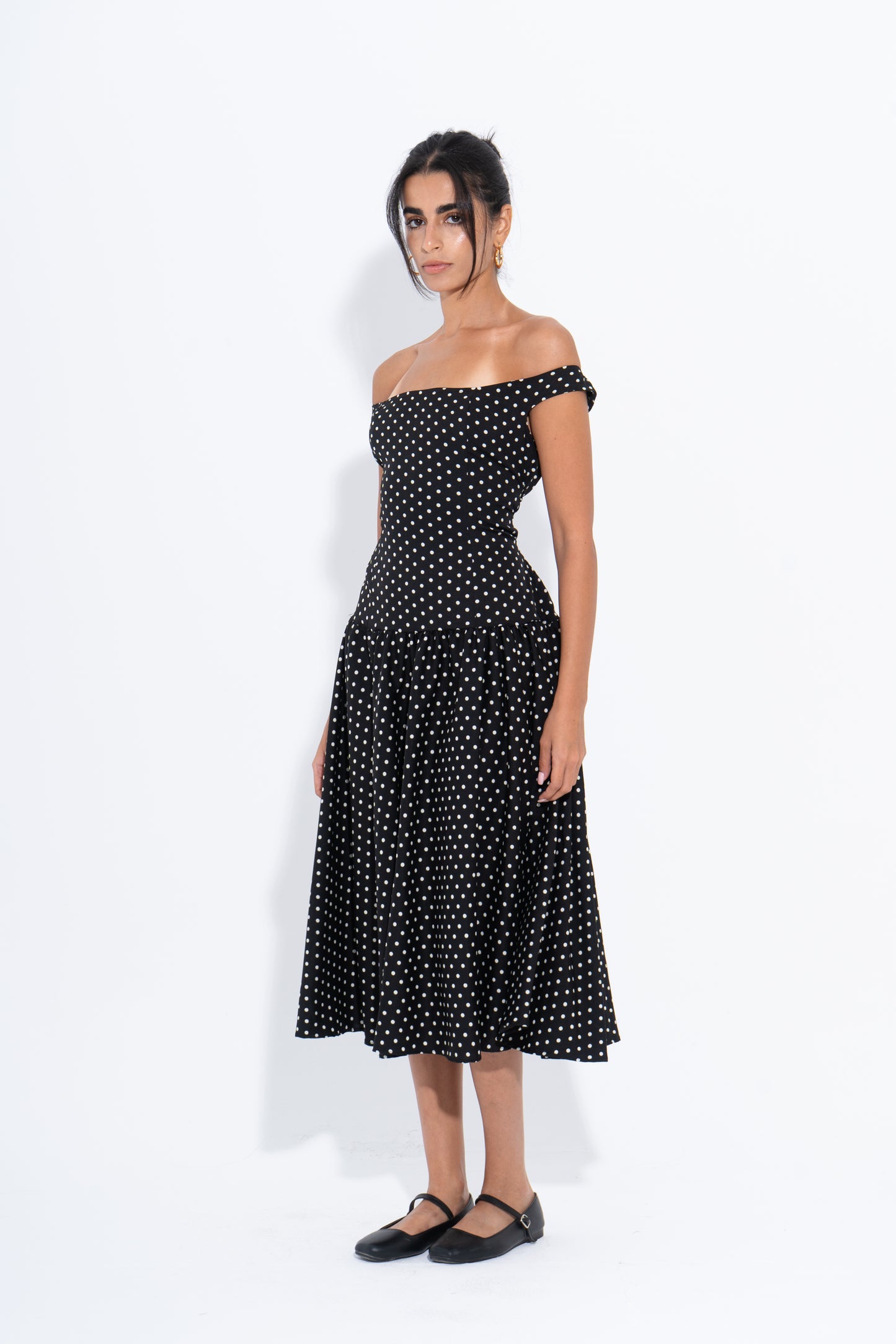 Polka Dot Off-Shoulder Dress - Black