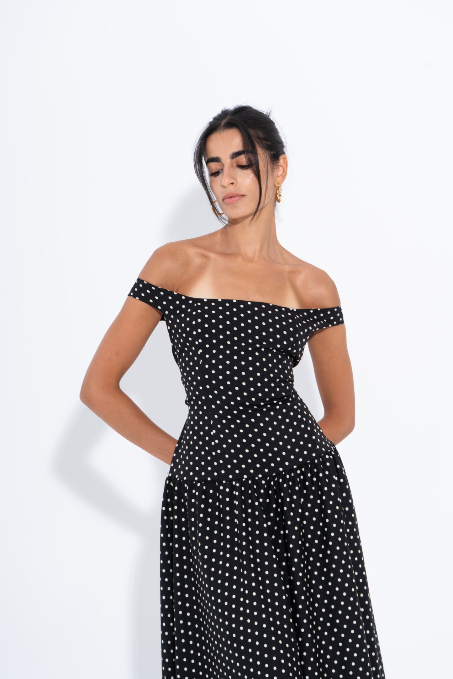 Polka Dot Off-Shoulder Dress - Black