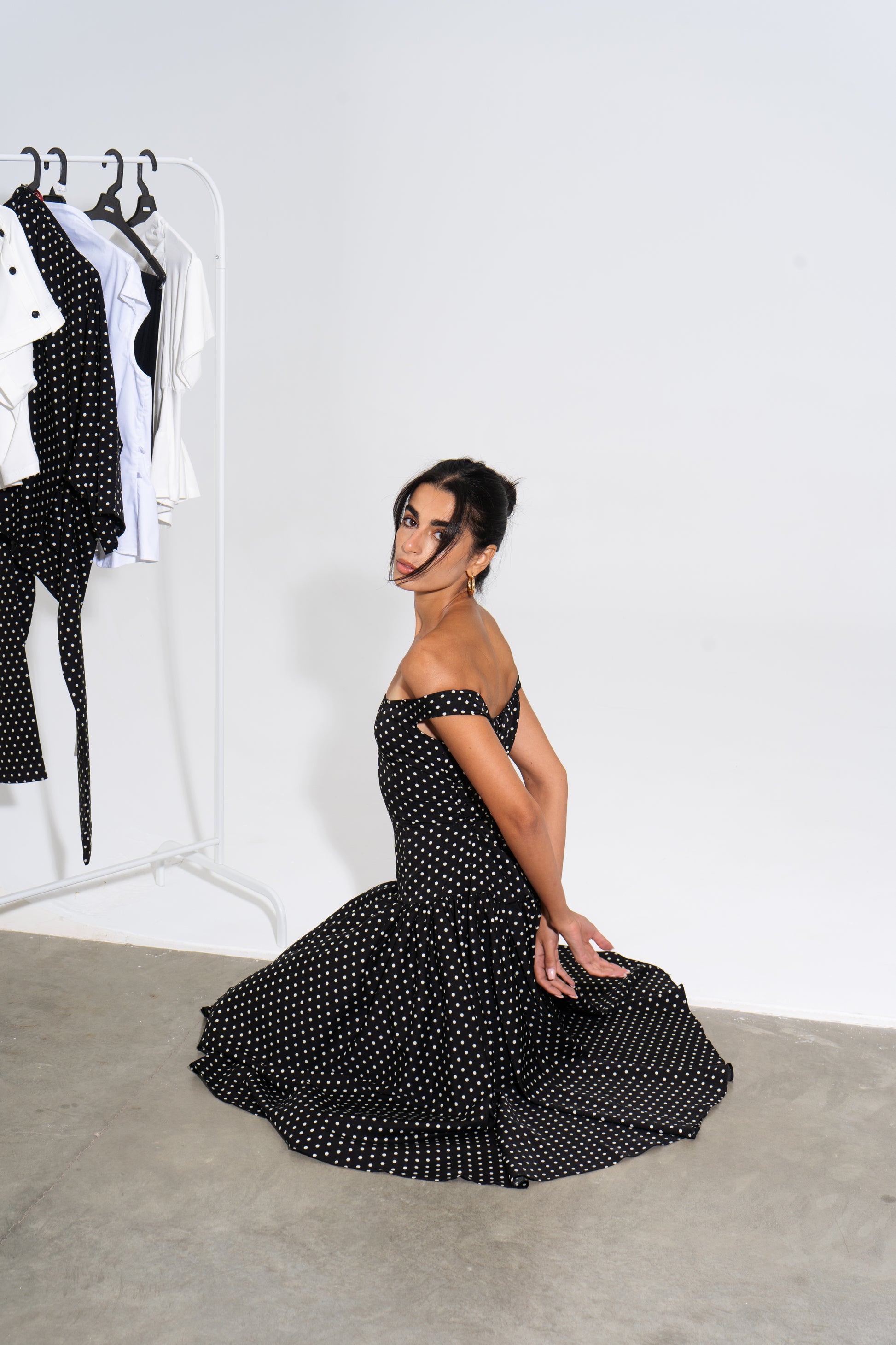 off shoulder polka dress Miss Circle Women's Edeline Polka Dot Off-shoulder Pleated Mini Dress - White