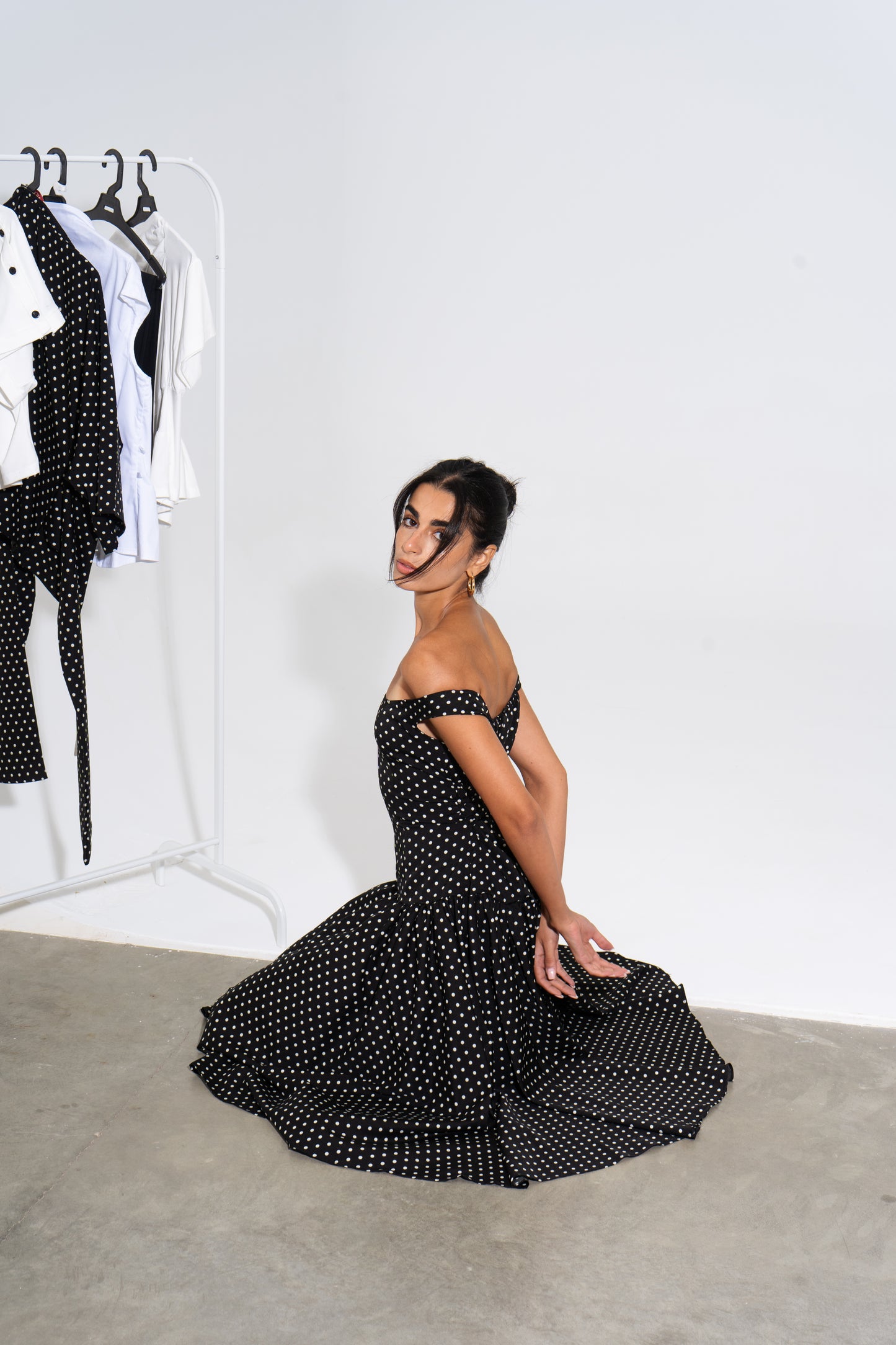 Polka Dot Off-Shoulder Dress - Black