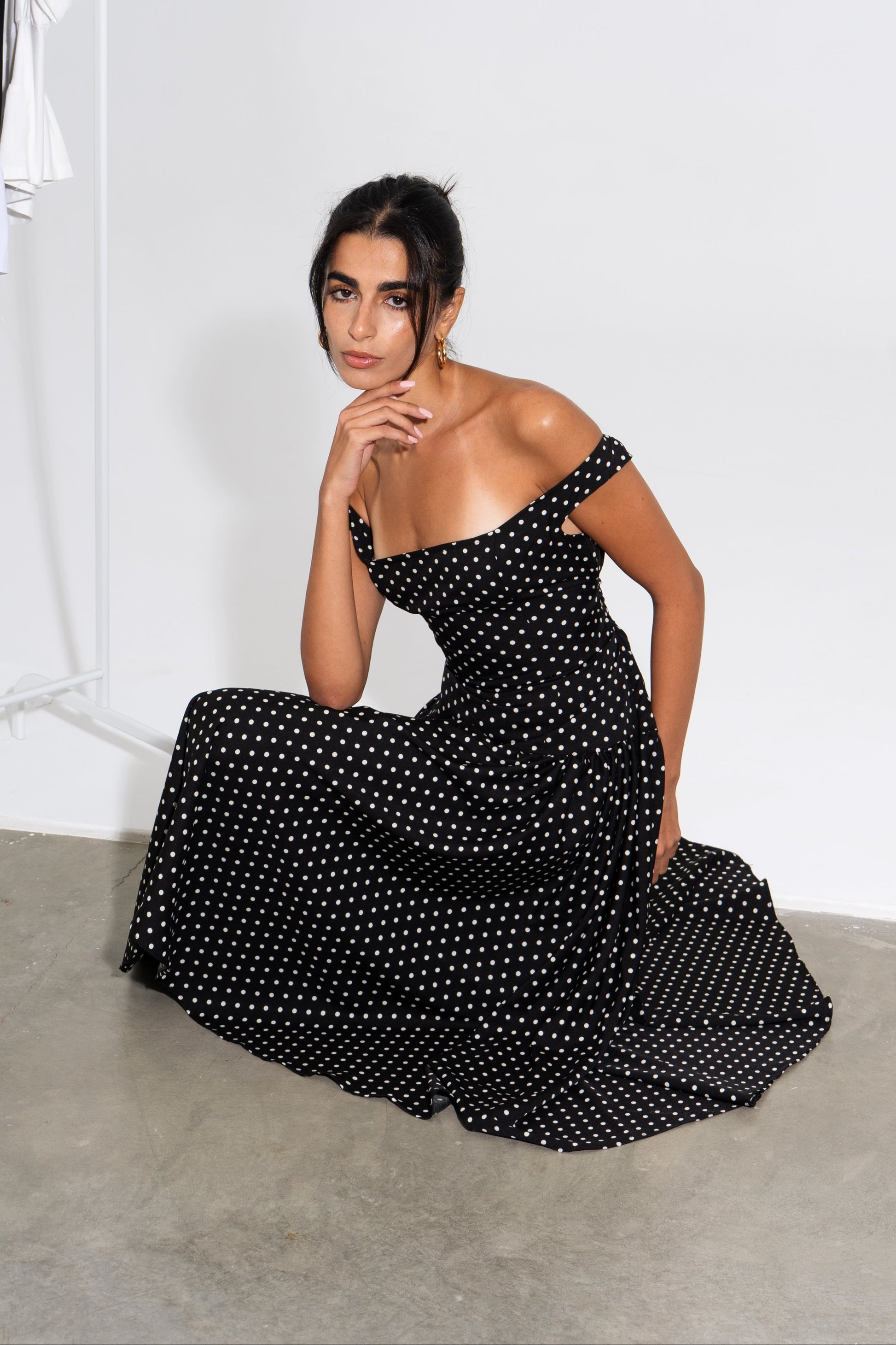 black polka dot off the shoulder dress Polka Dot Off-Shoulder Dress
