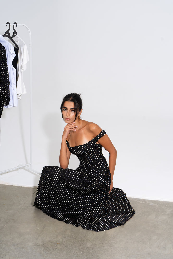 Polka Dot Off-Shoulder Dress - Black