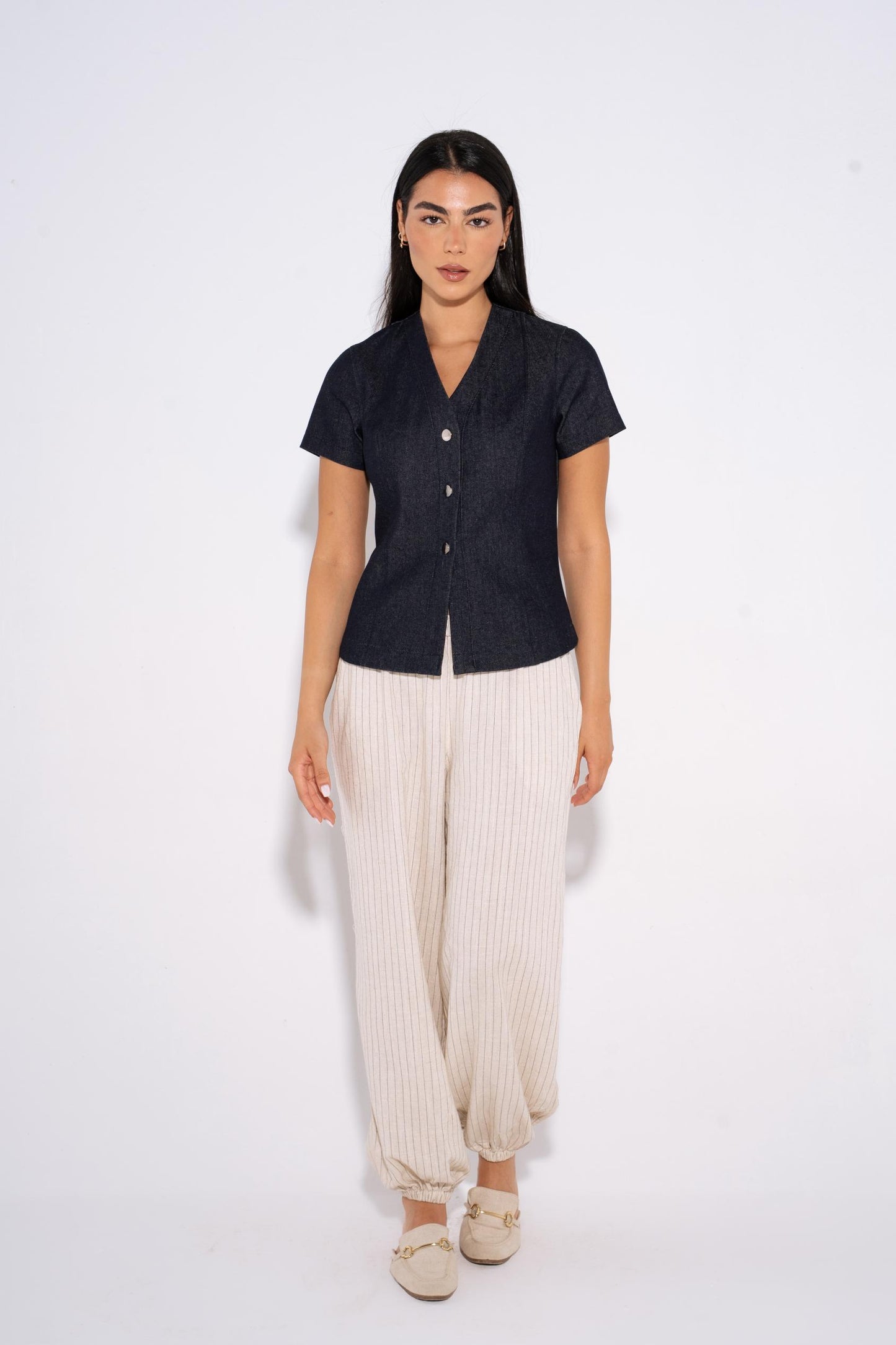 Cap Sleeve Tailored Shirt - Navy