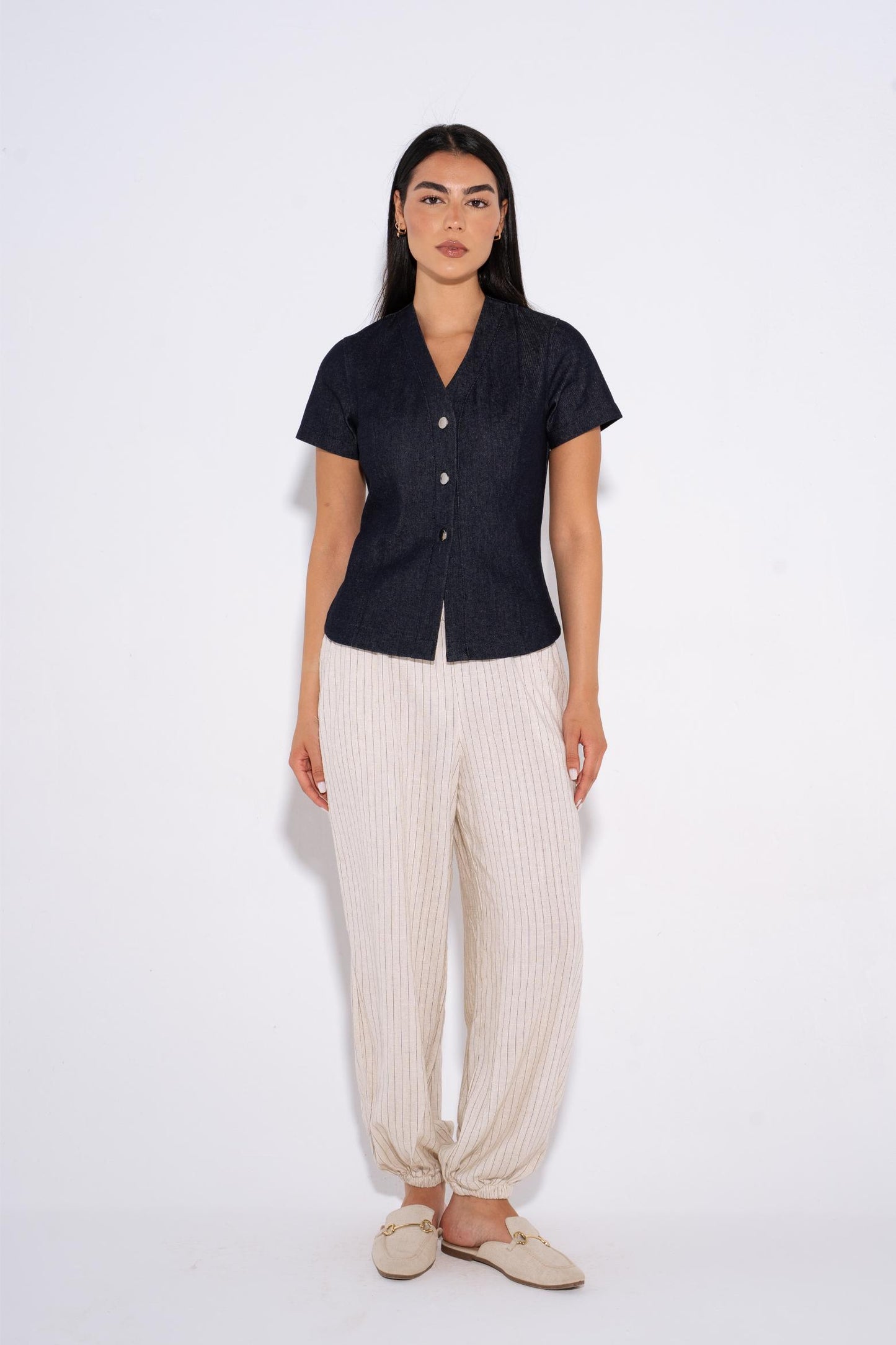 Cap Sleeve Tailored Shirt - Navy
