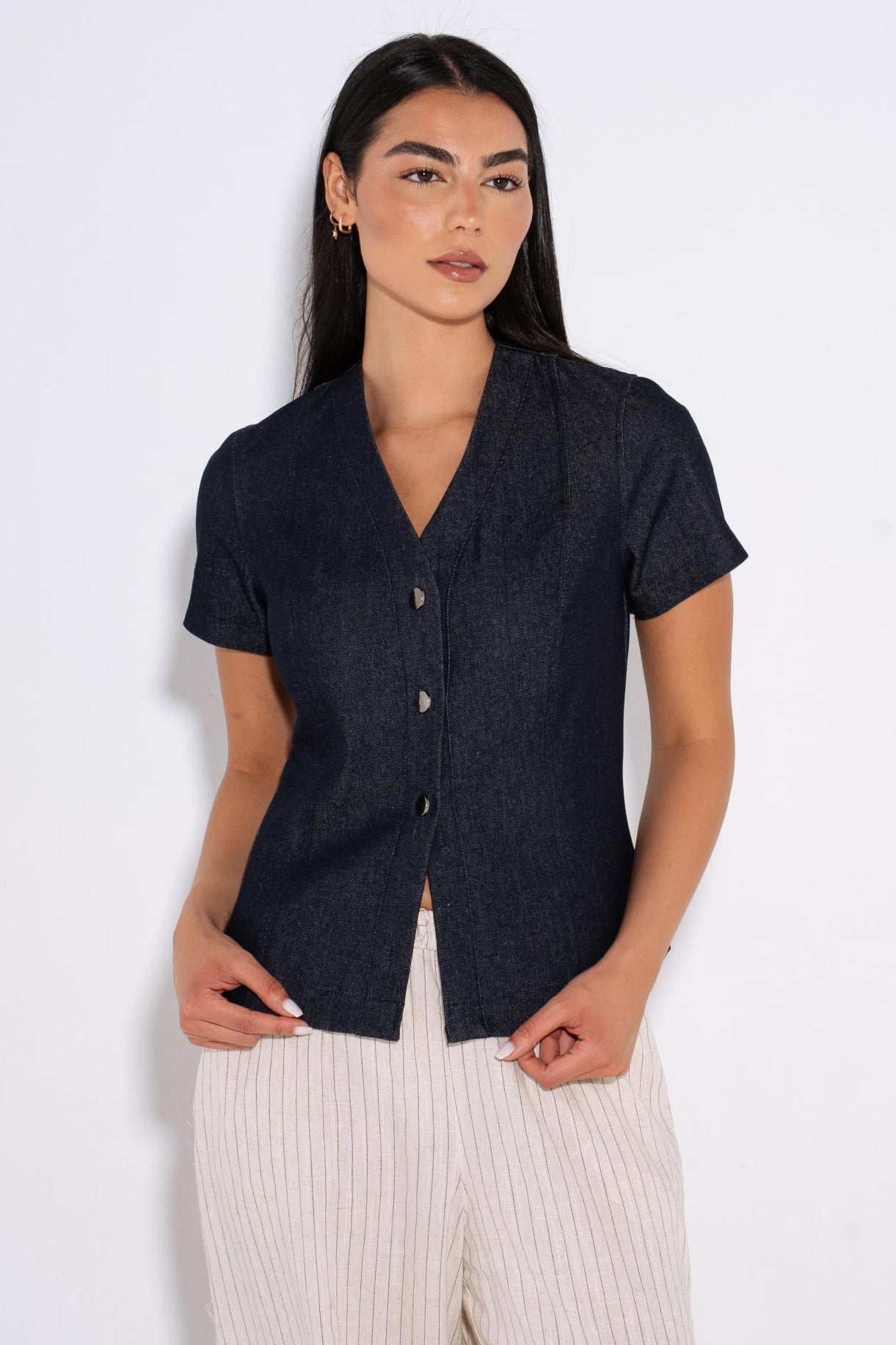 Cap Sleeve Tailored Shirt - Navy